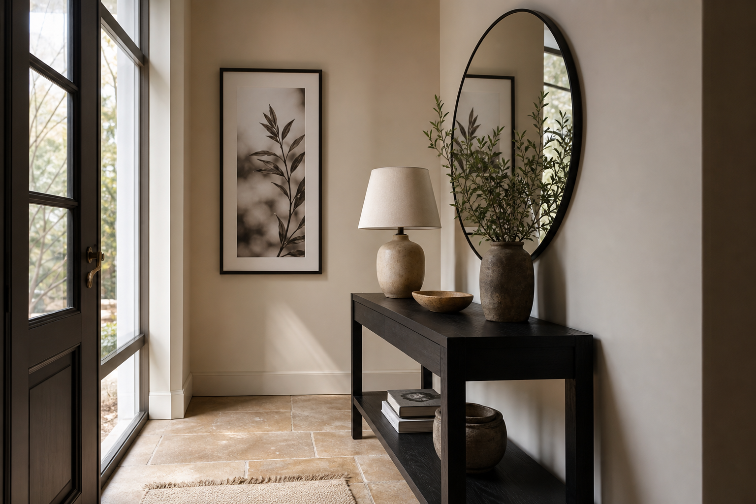 Black and white portrait art in an entryway with console table