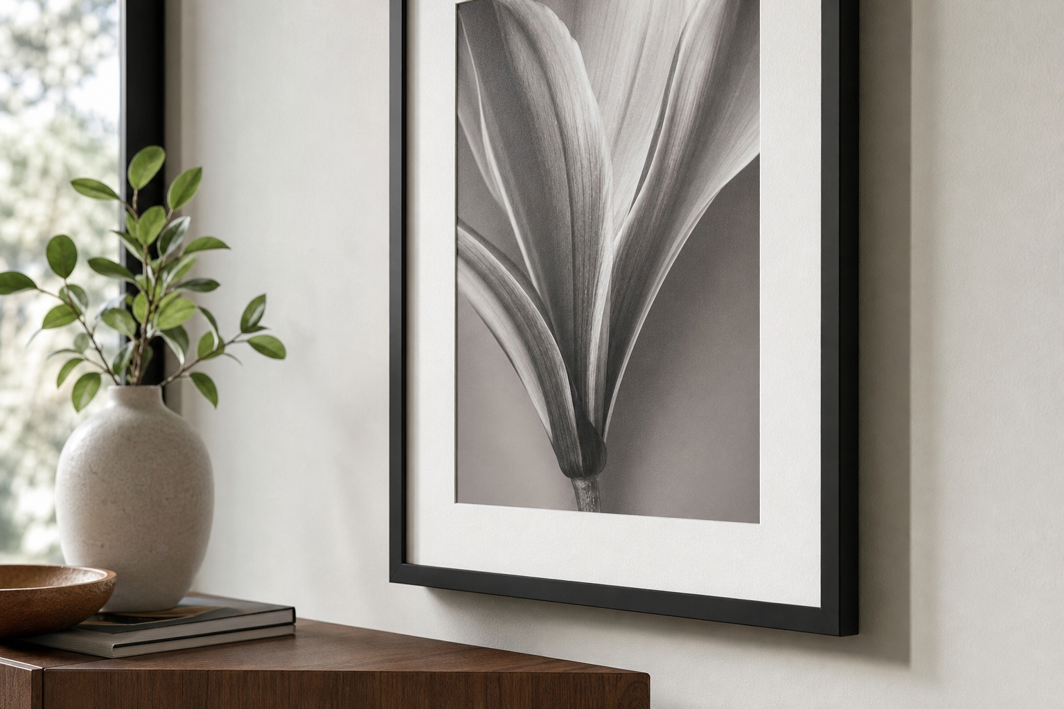 Close-up of black frame and monochrome portrait print details