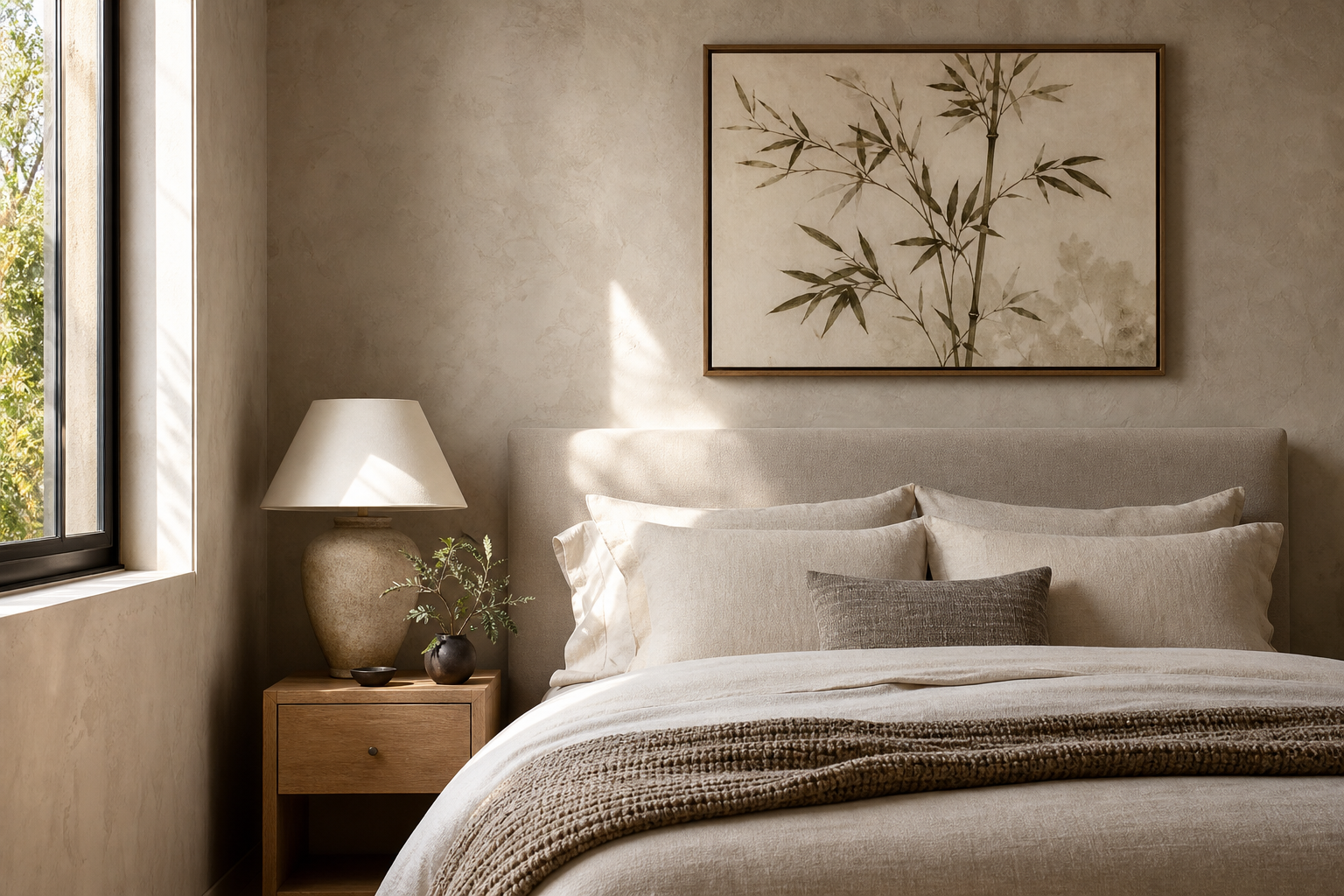 Bedroom styling with bamboo wall art above bed