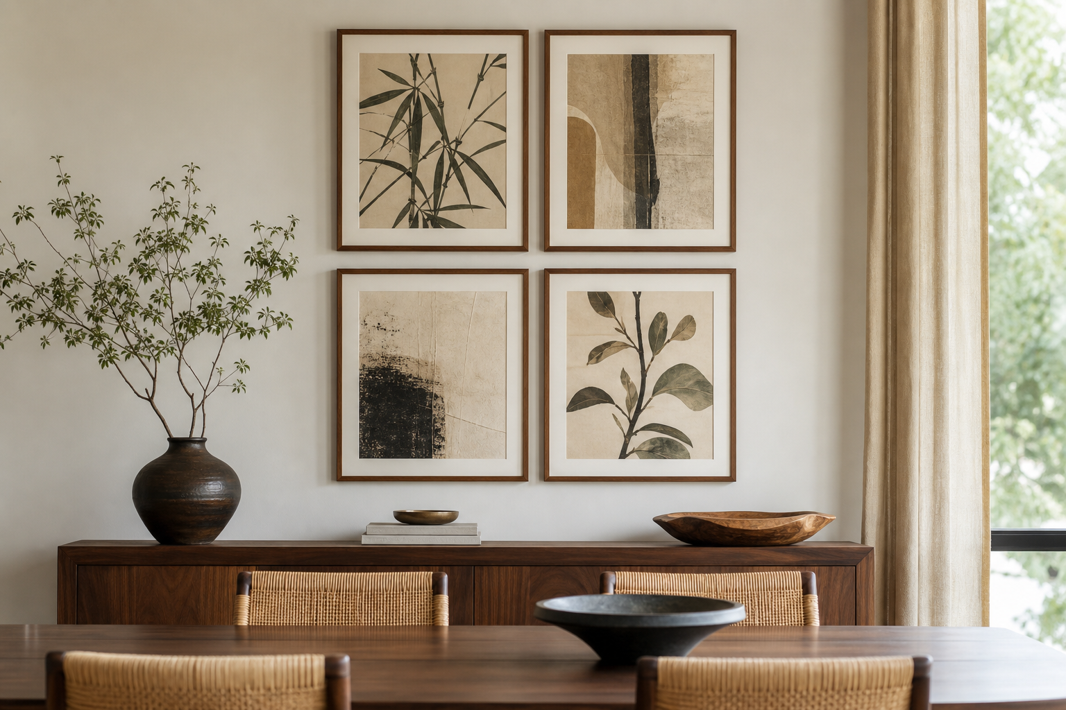 Warm layered gallery wall with bamboo and botanical art