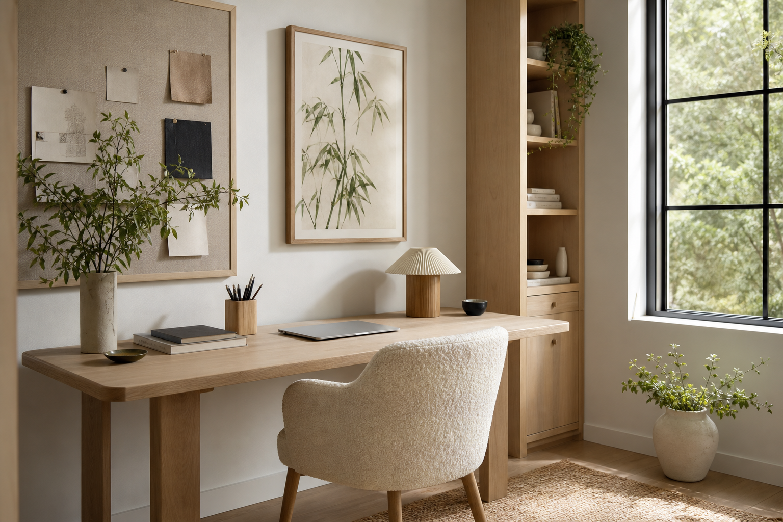 Calm workspace with bamboo-inspired framed art