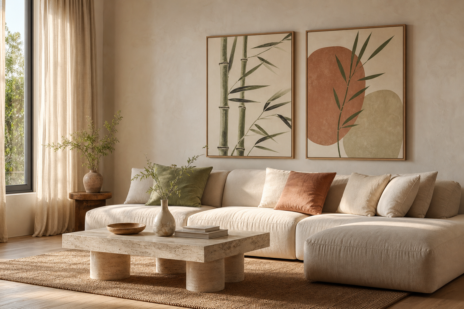 Living room with warm neutral bamboo-inspired art