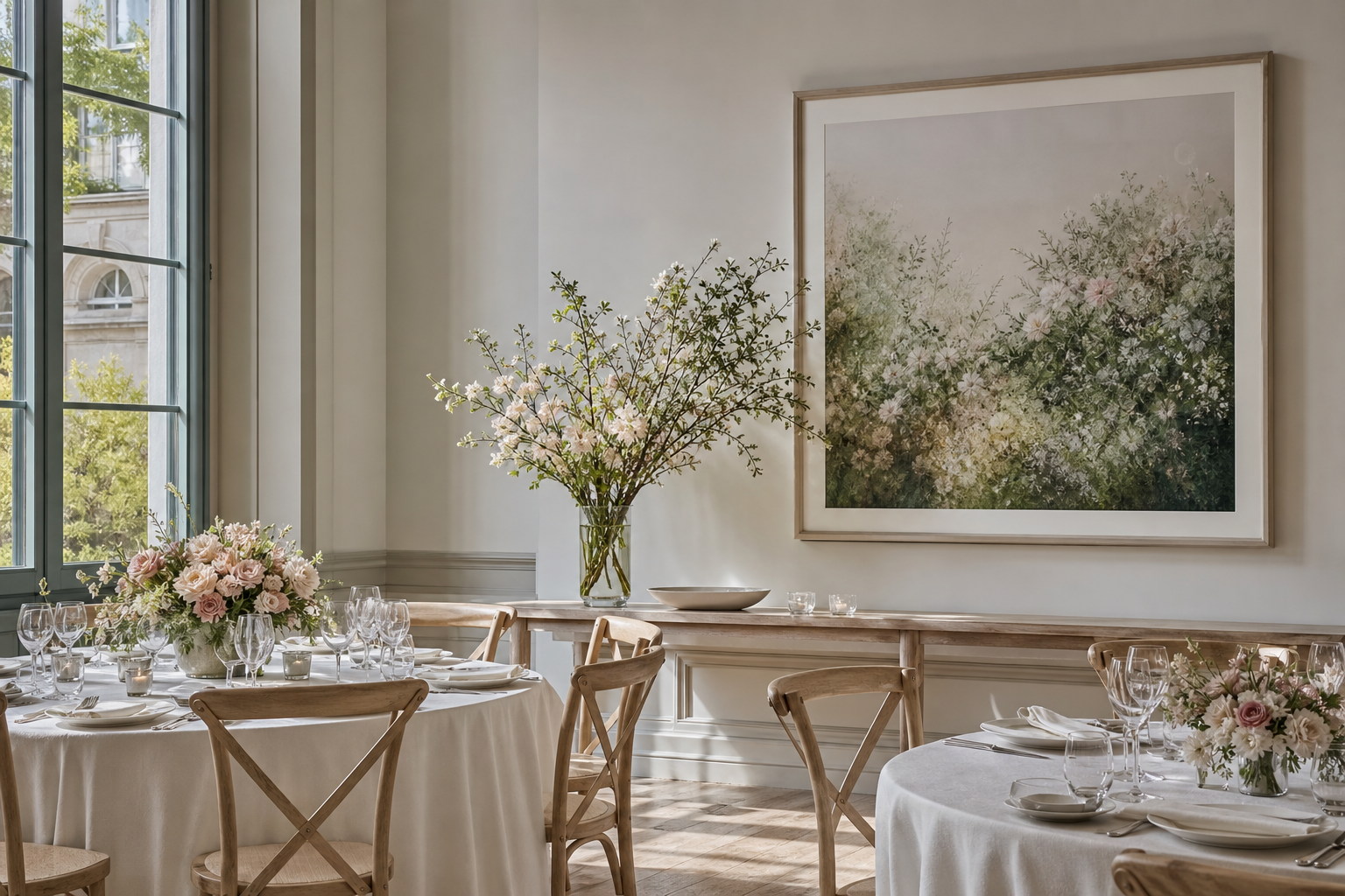 Banquet corner with floral styling and framed art