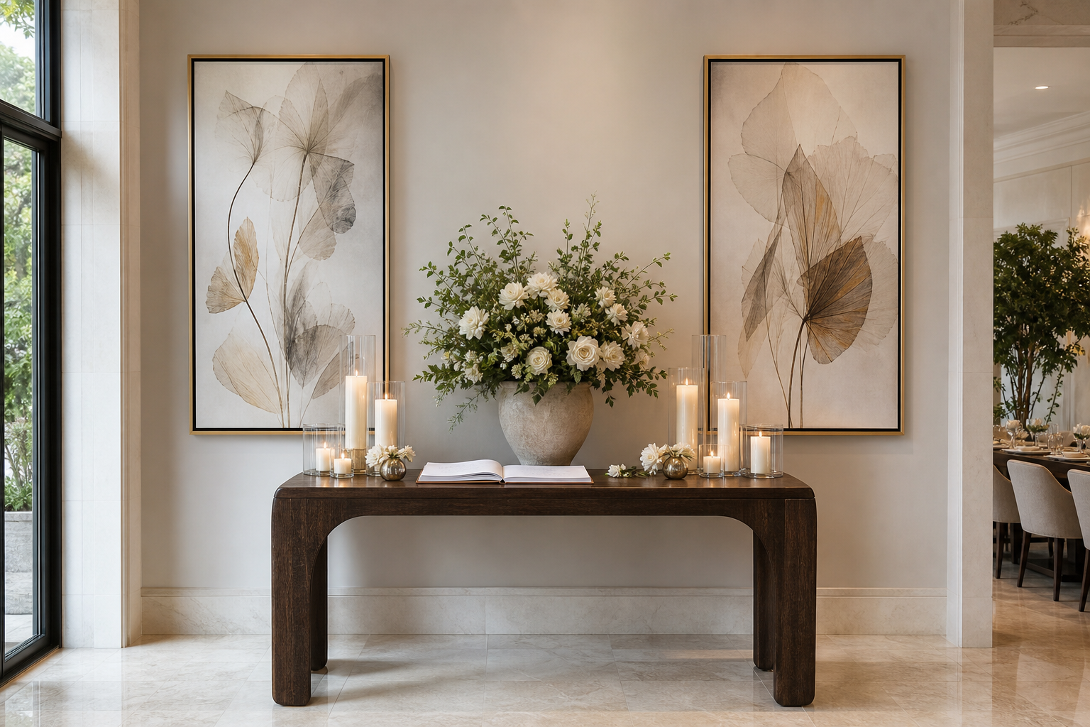 Banquet entrance with symmetrical framed art around welcome area