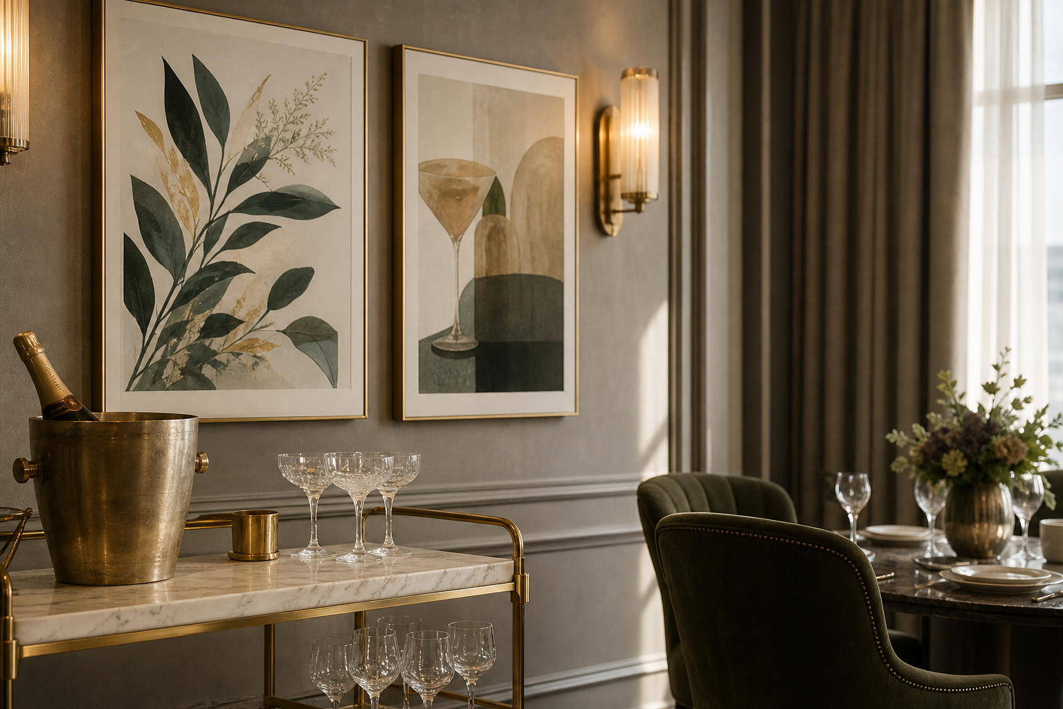 Hotel banquet corner with cocktail-themed framed art near bar