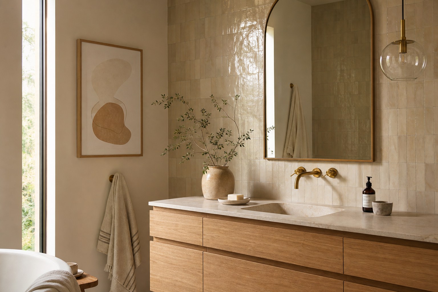 Warm neutral bathroom with textured wall art