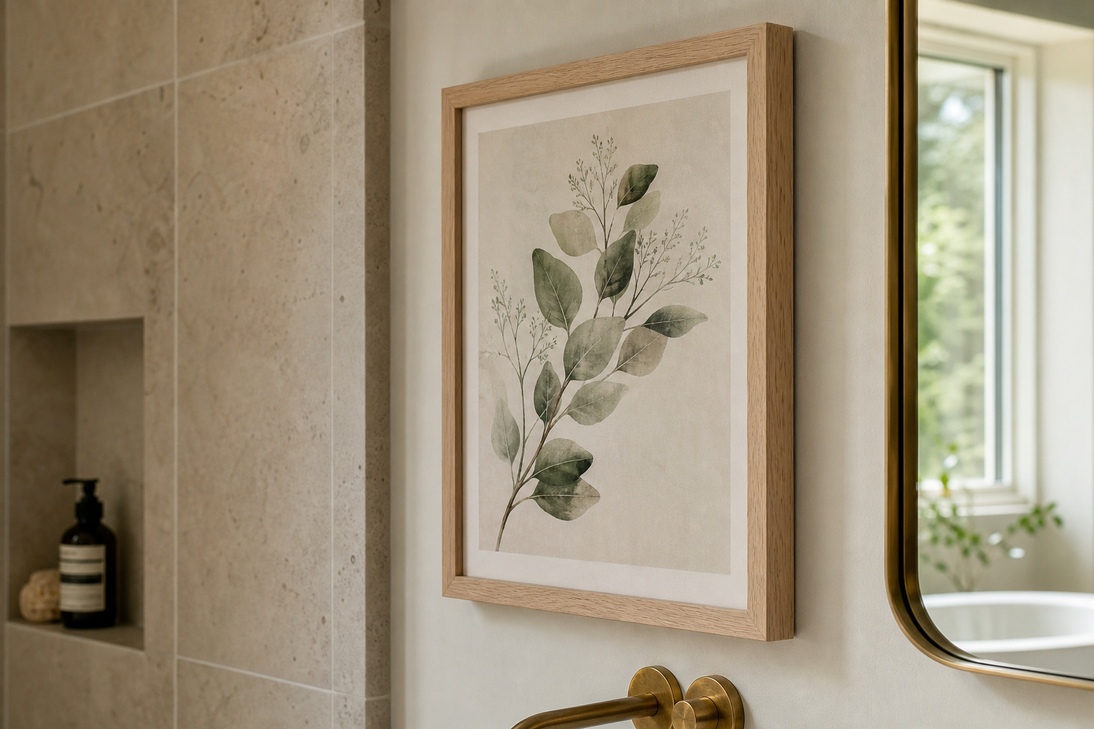 Close-up of frame and bathroom materials