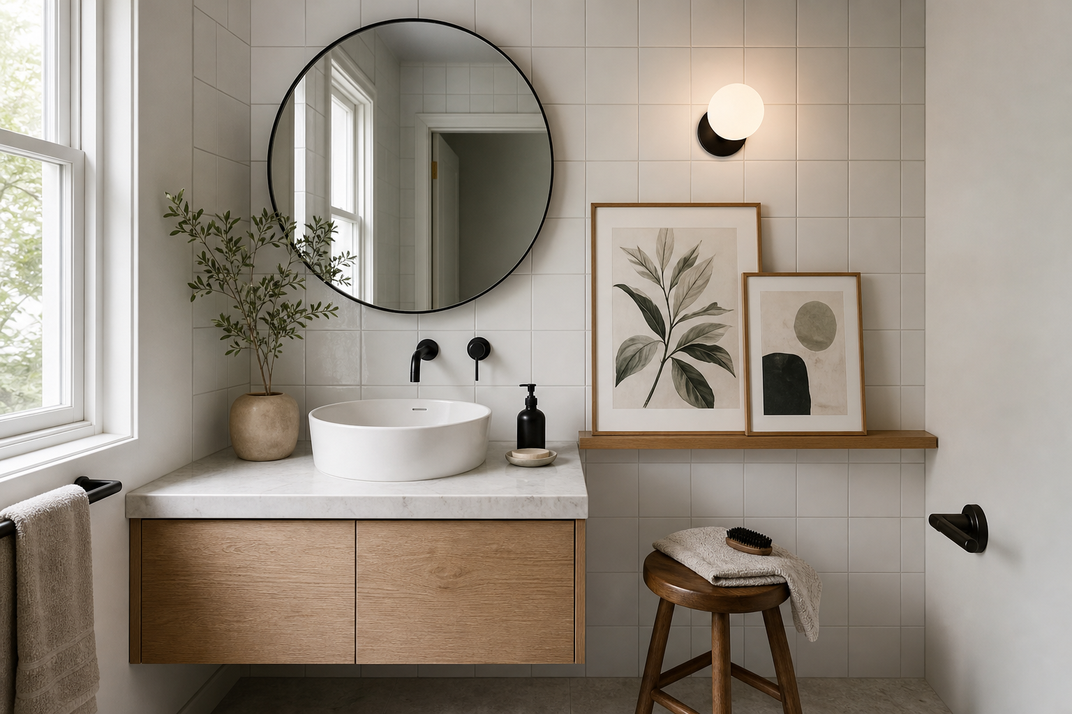 Bathroom vanity with mixed calm and graphic framed art