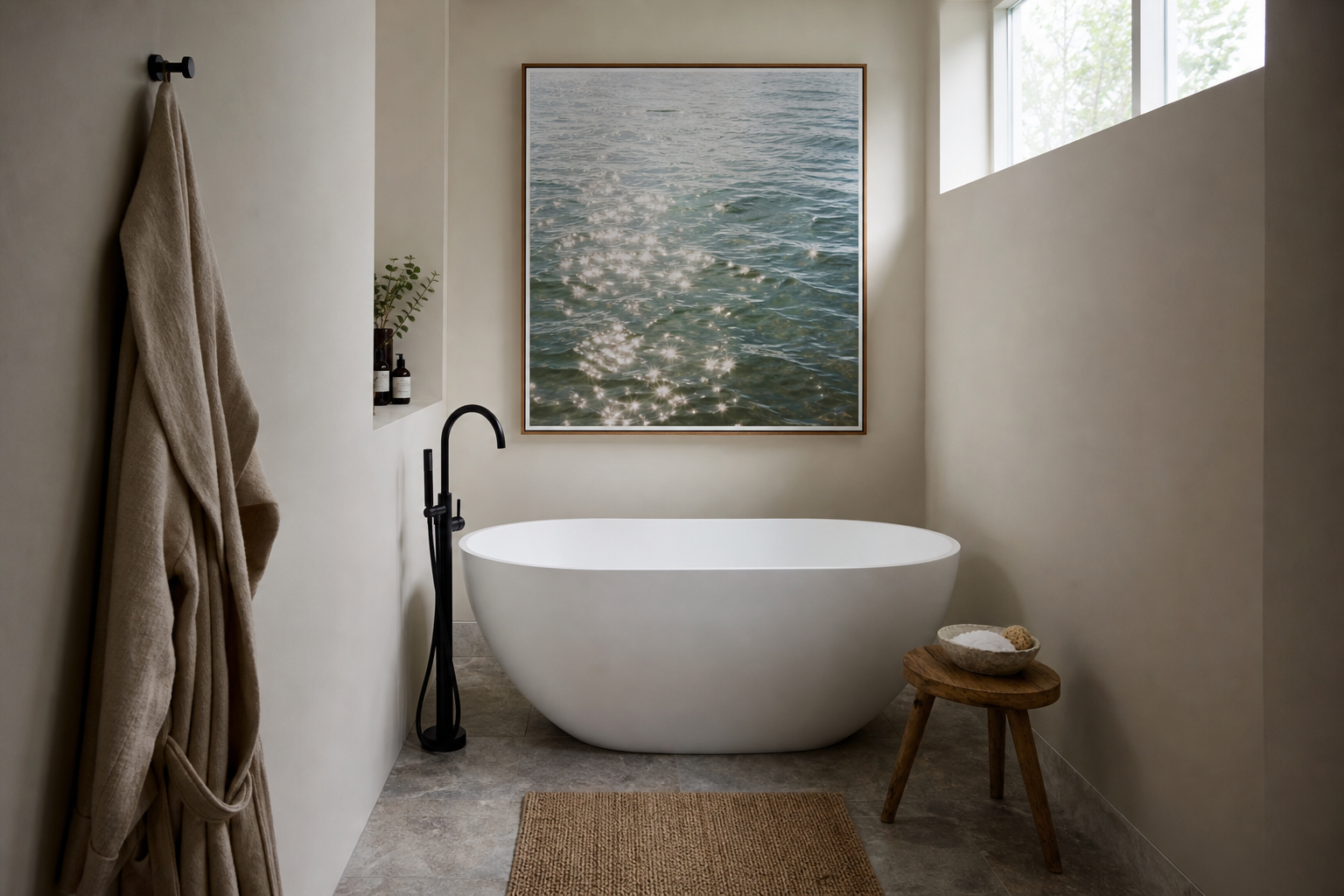Bathing artwork above tub in a calm bathroom