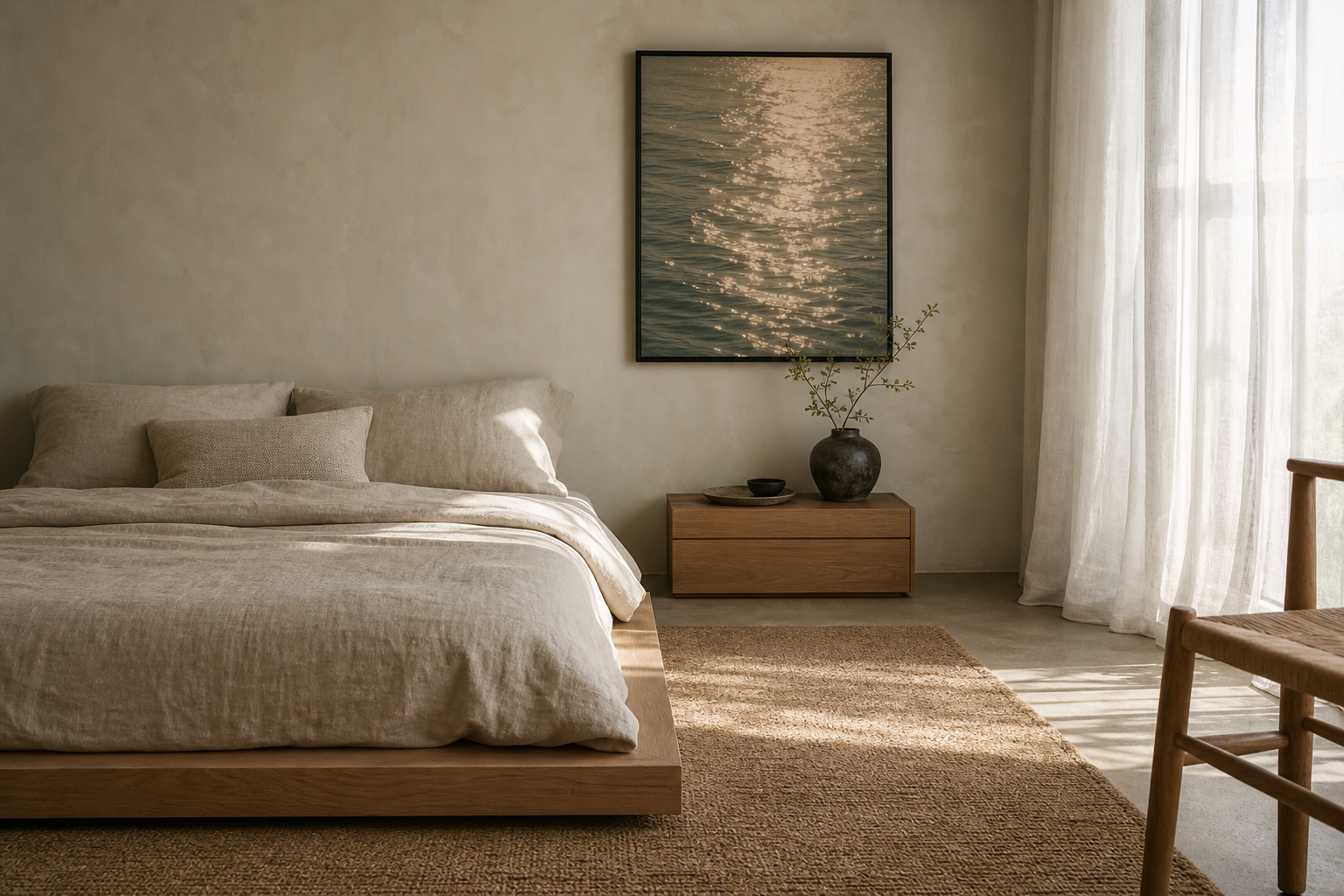 Minimal bedroom with water-inspired framed art