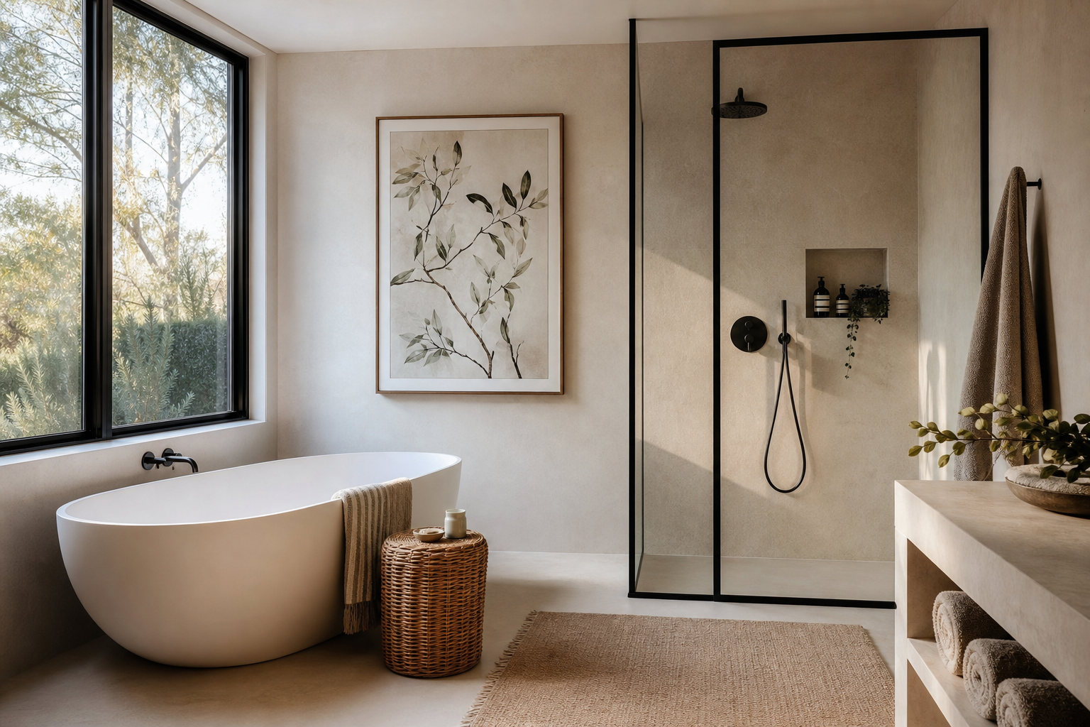 Large ensuite with art above bath and coordinated accessories