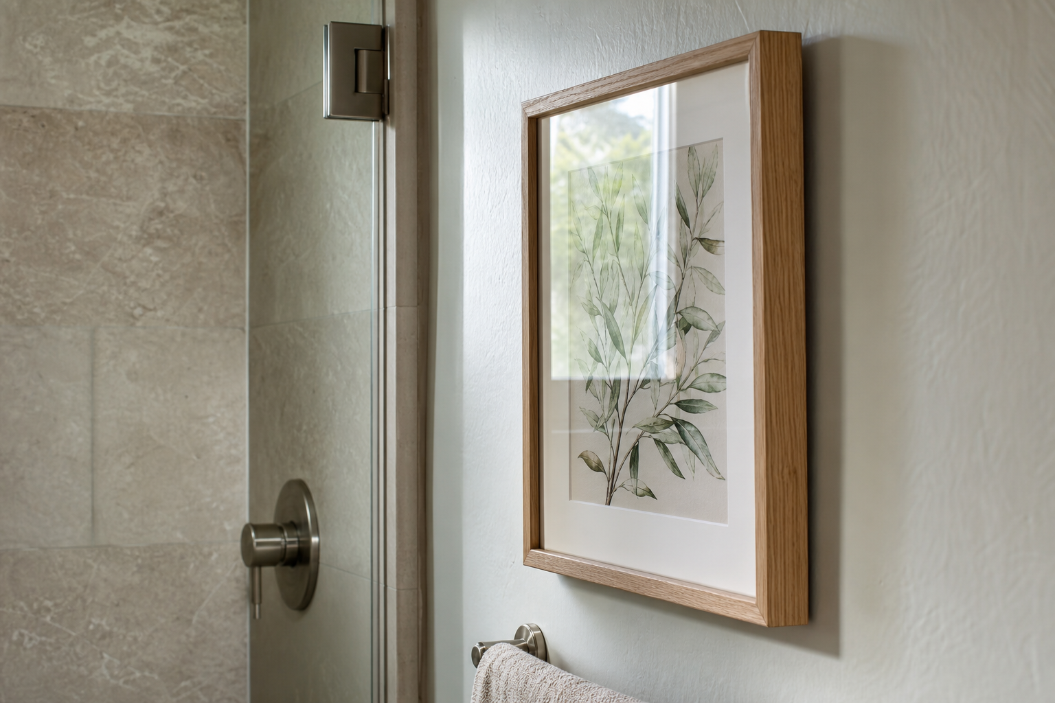 Close-up of framed print and bathroom materials