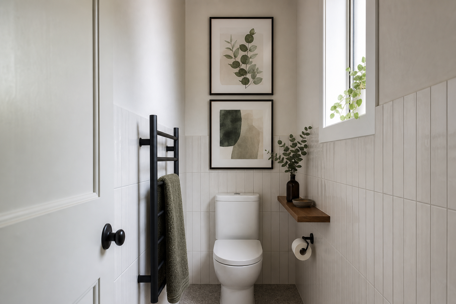 Bathroom wall arrangement above toilet and towel rail