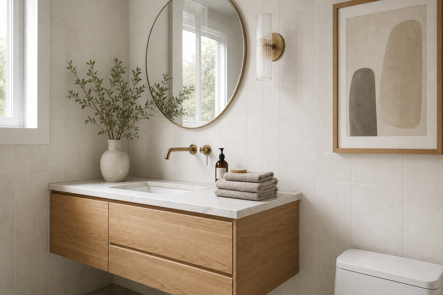 Minimal bathroom corner with textured neutral framed art