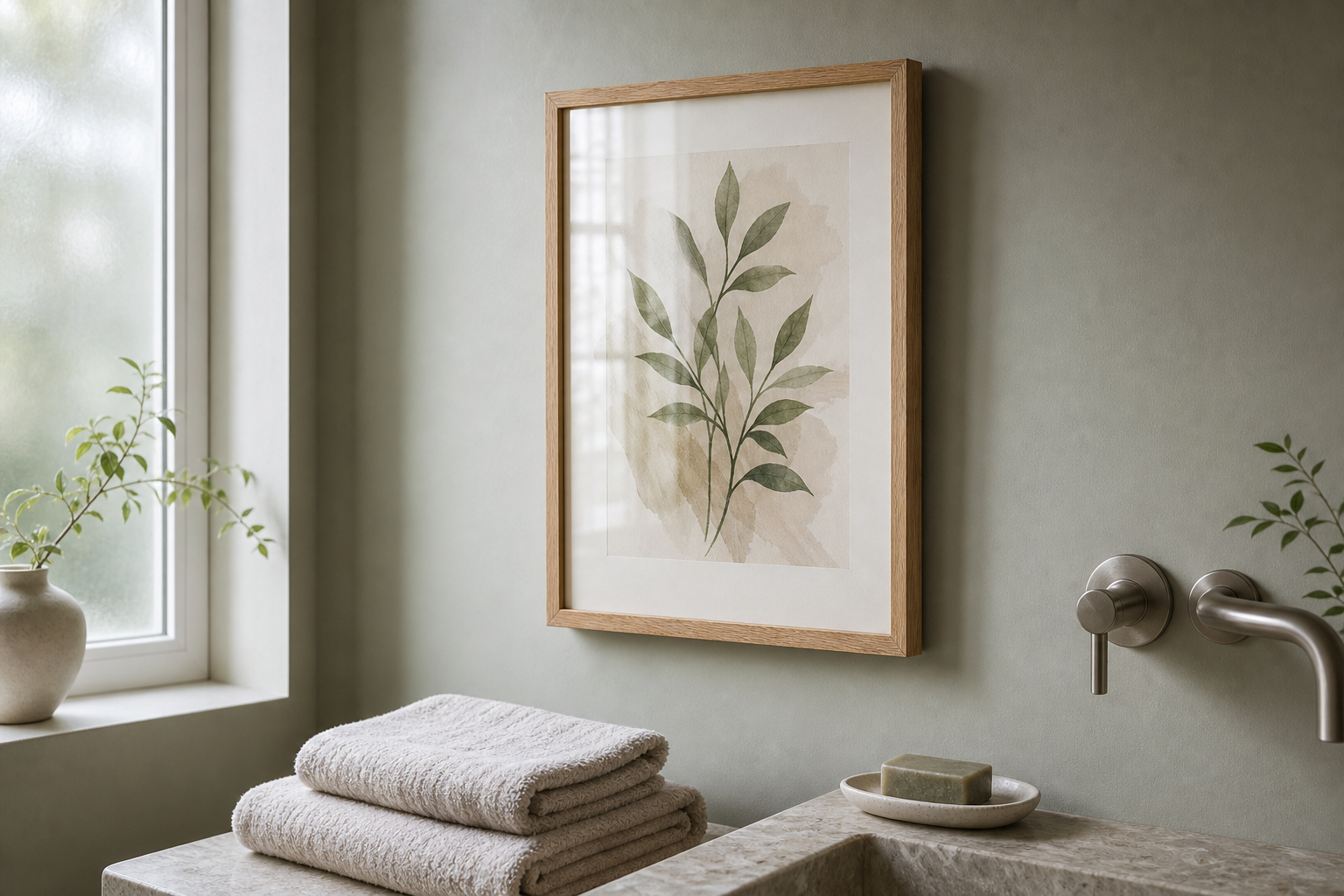 Close-up of bathroom frame styling with moisture-conscious materials