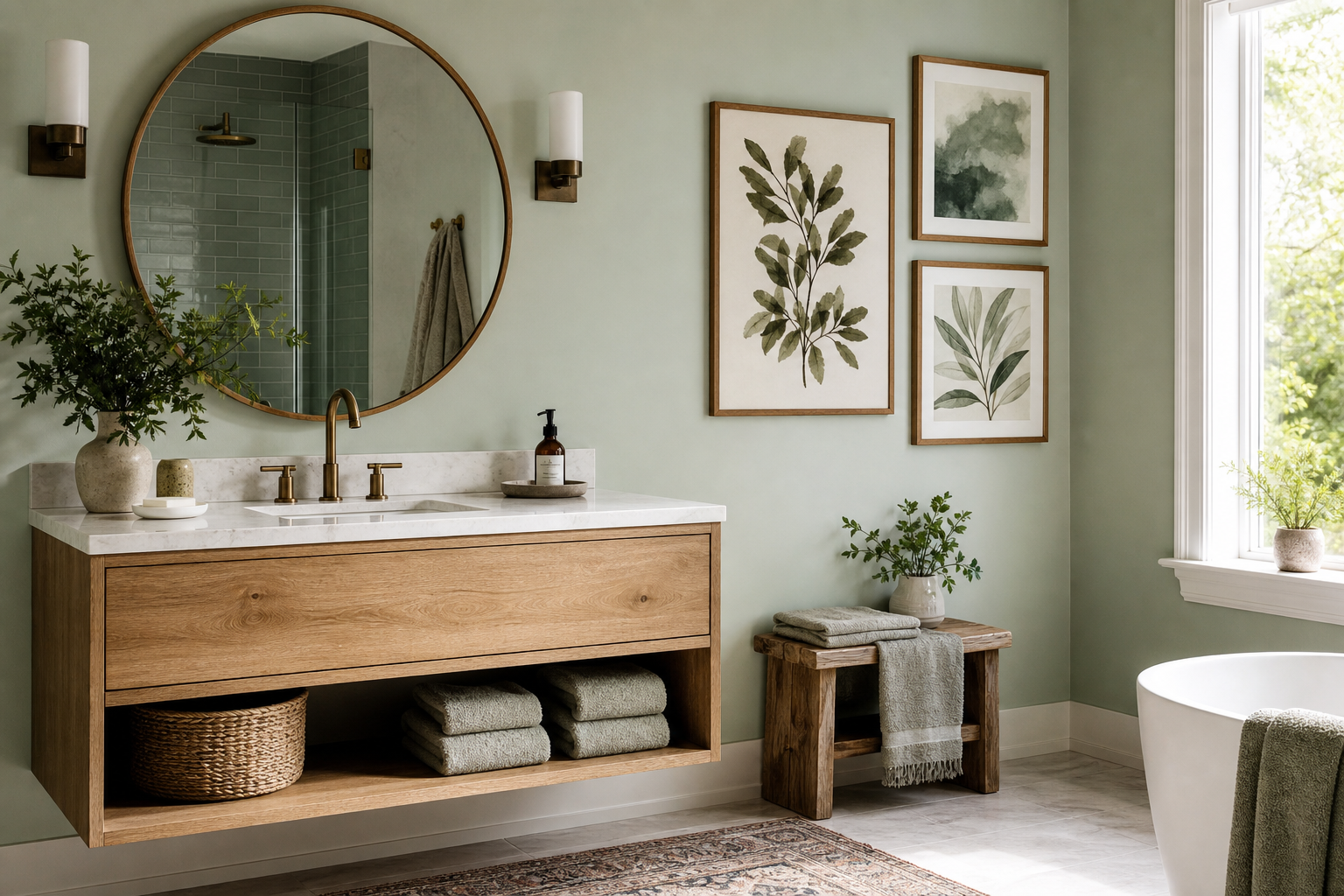 Bathroom wall with a trio of coordinated framed art prints