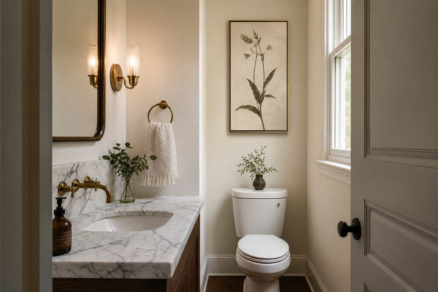 Small powder room with vintage-inspired framed wall art