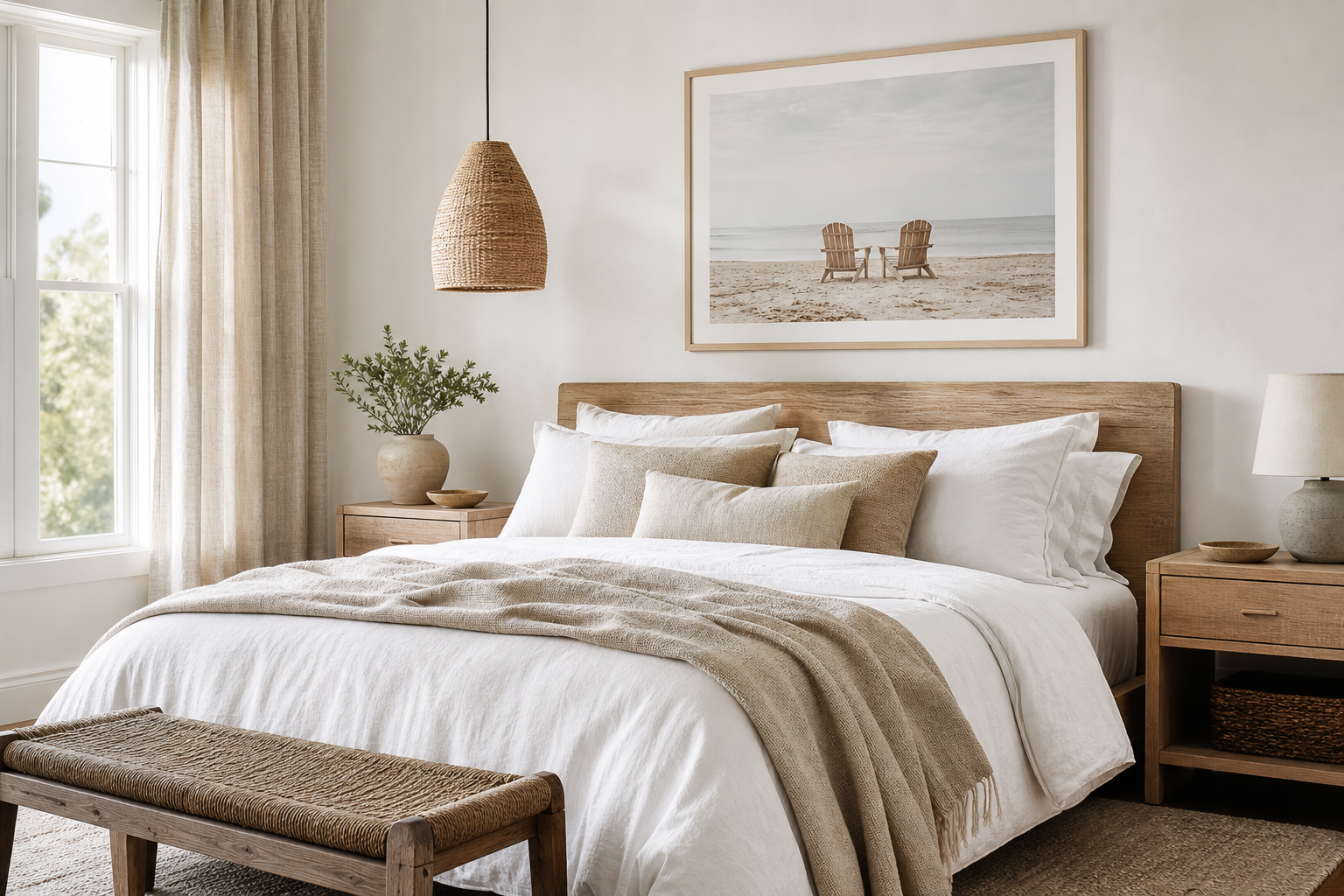 Bedroom with beach chair print above the bed