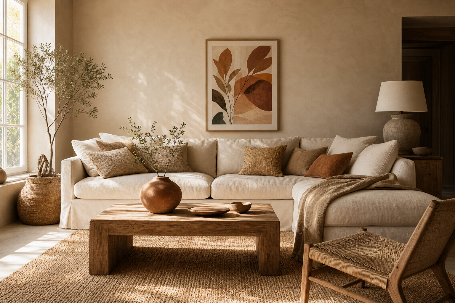 Living room styled with warm coastal colours and beach chair art