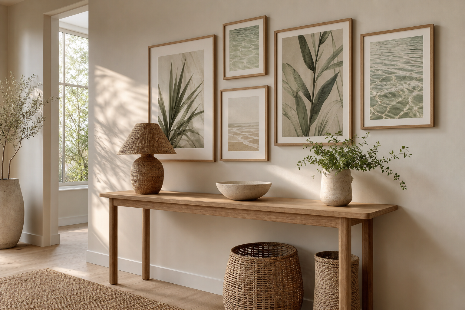Coastal gallery wall with beach chair and ocean-inspired art