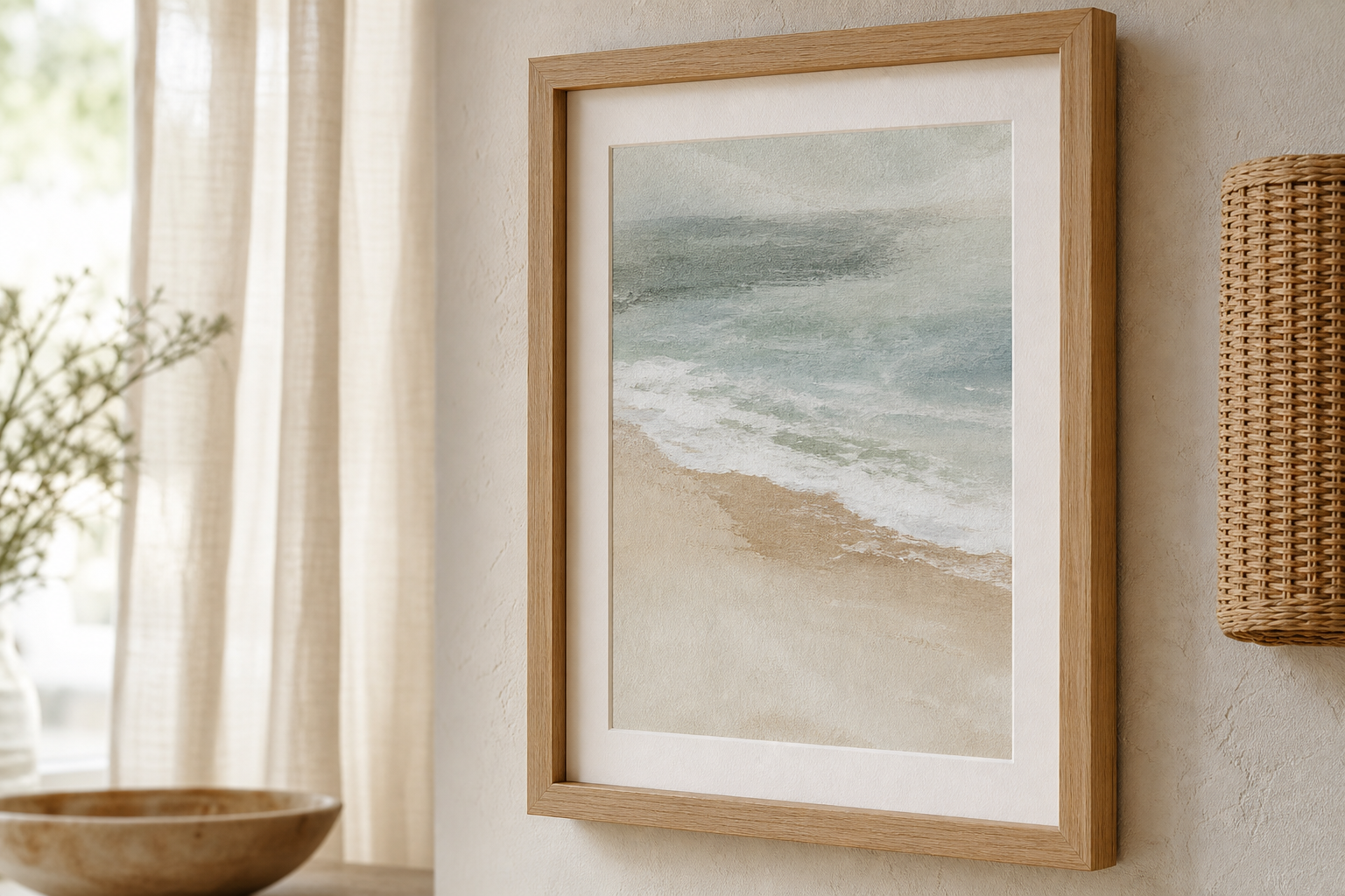 Close-up of oak frame and coastal print