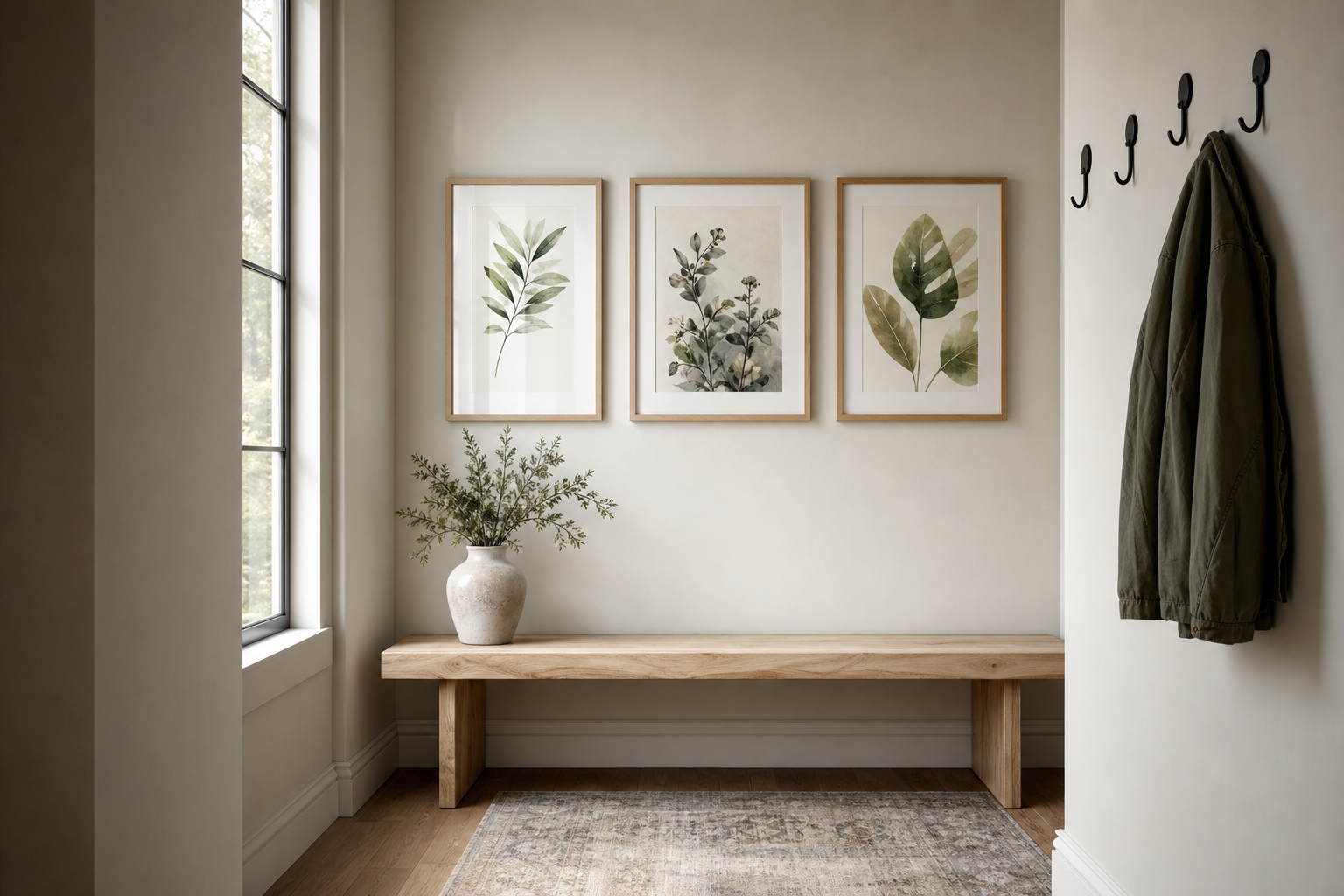 Modern hallway styled with playful framed art and minimal furniture