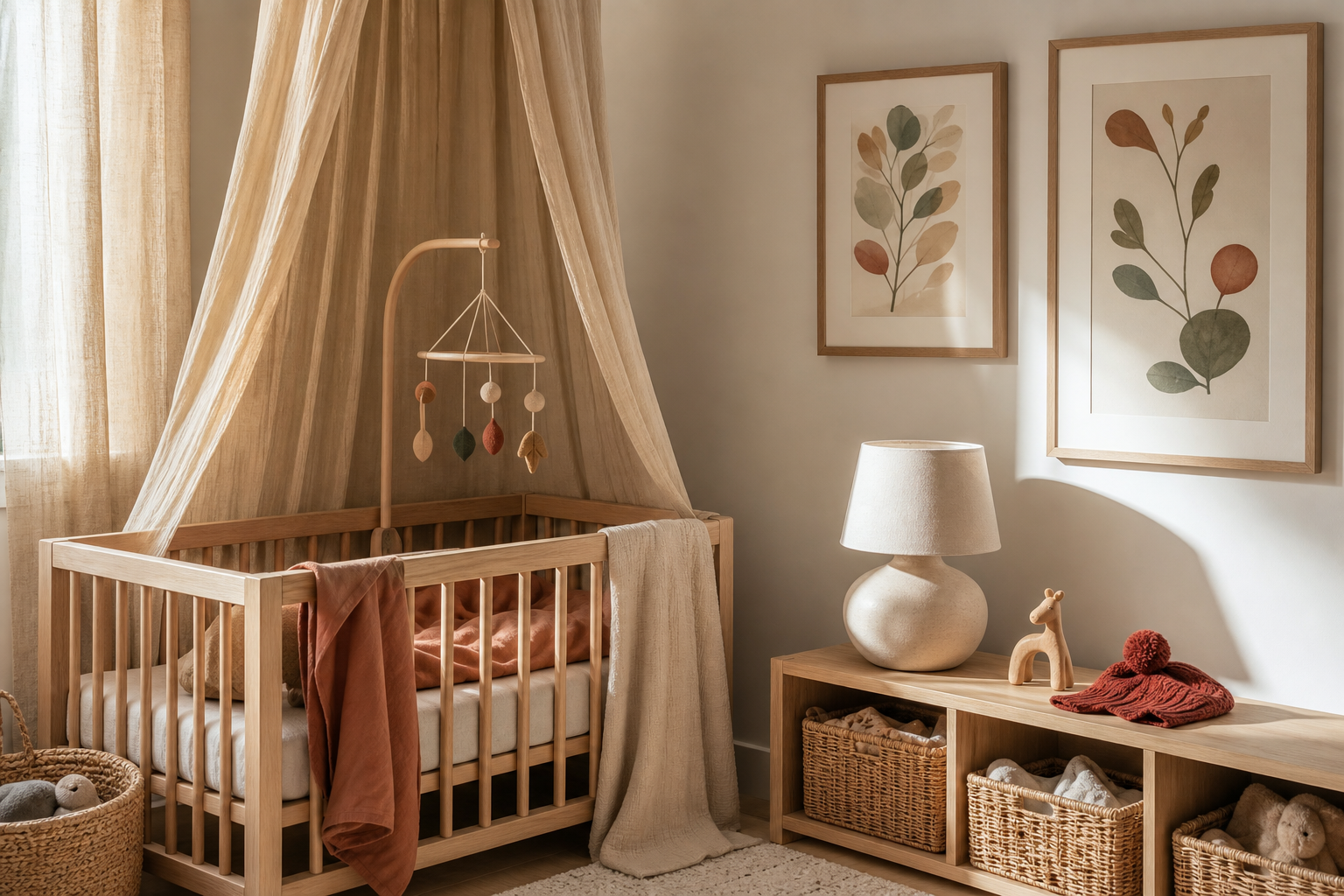 Nursery with warm wood details and playful bear-inspired wall styling