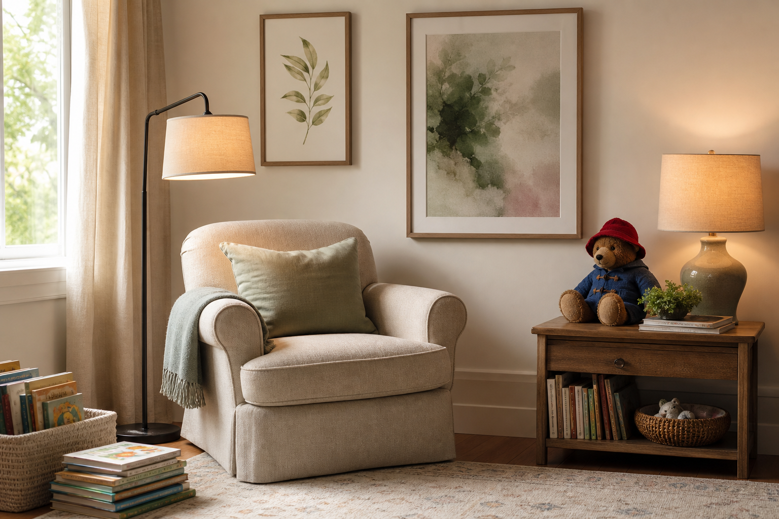 Reading nook with playful framed animal art and cozy textures