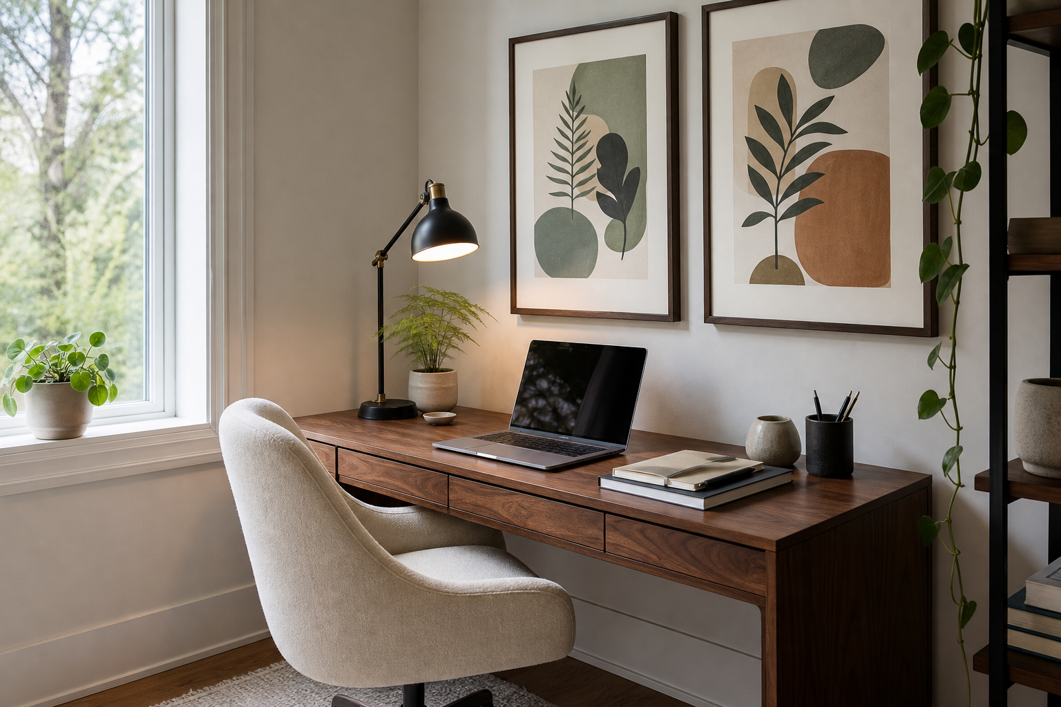 Home office with playful animal illustration wall art
