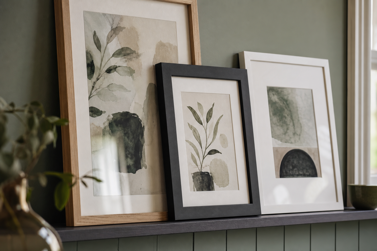 Close-up of wood and black frames around illustrated prints