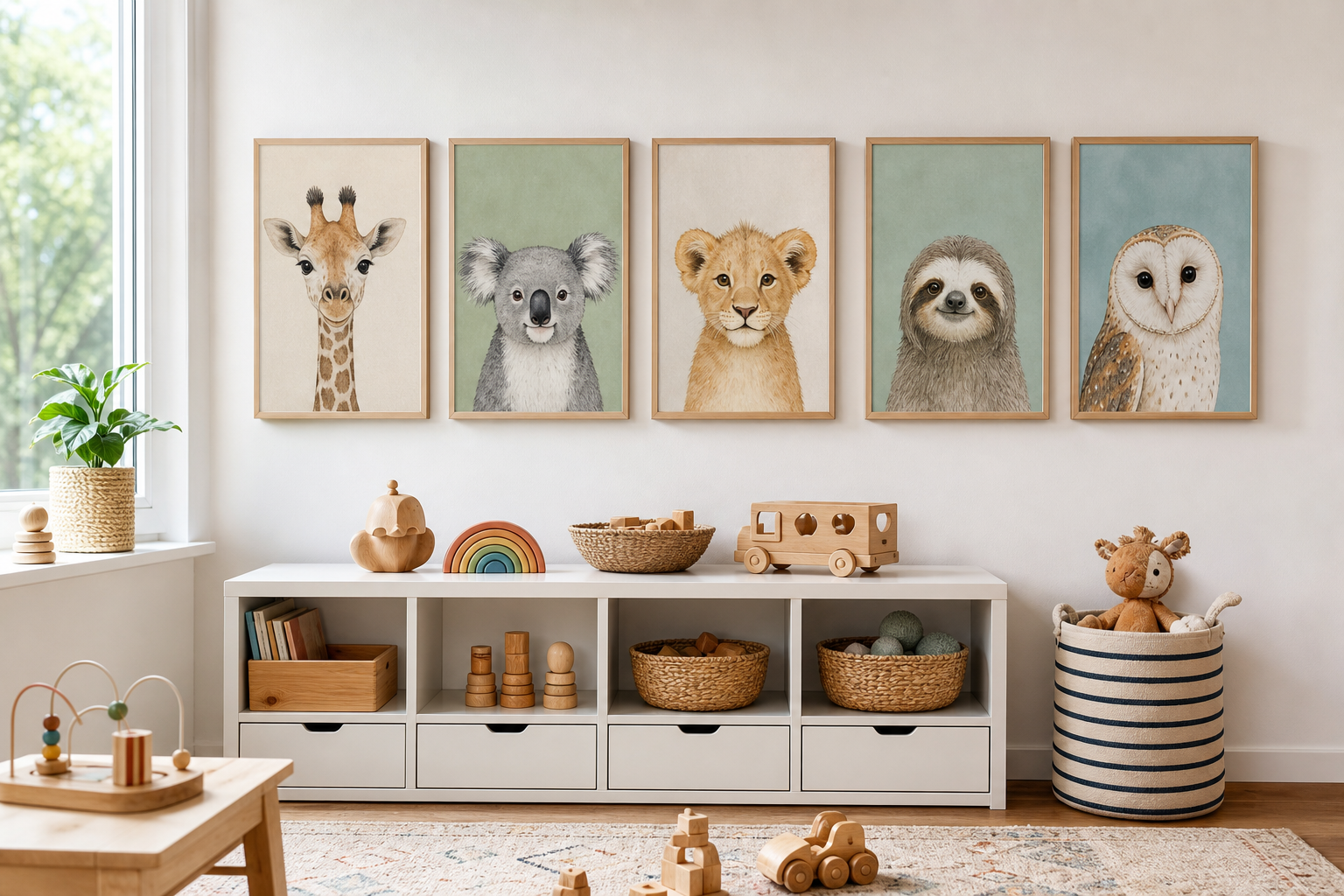 Playful gallery wall with framed animal illustrations
