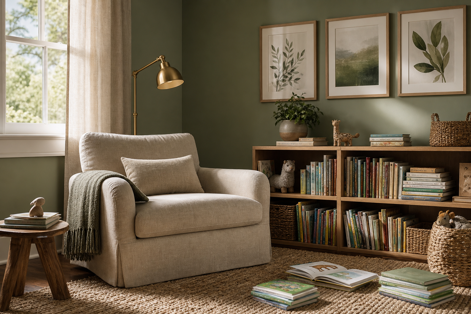 Reading corner with animal art in children's room