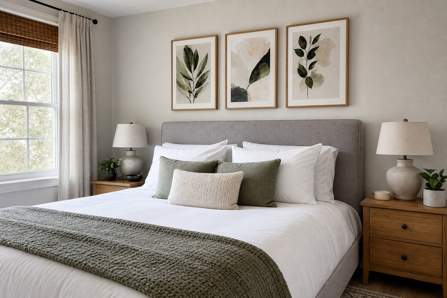Bedroom wall with balanced art arrangement above a bed
