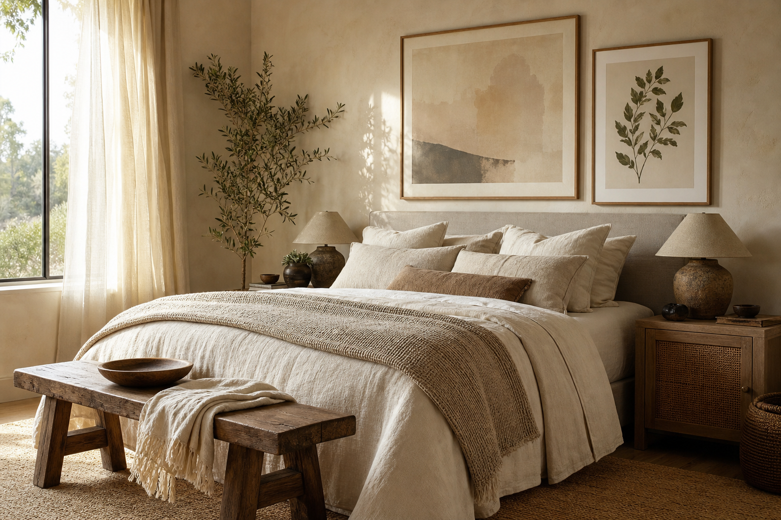 Bedroom with mixed neutral and nature-inspired framed wall art