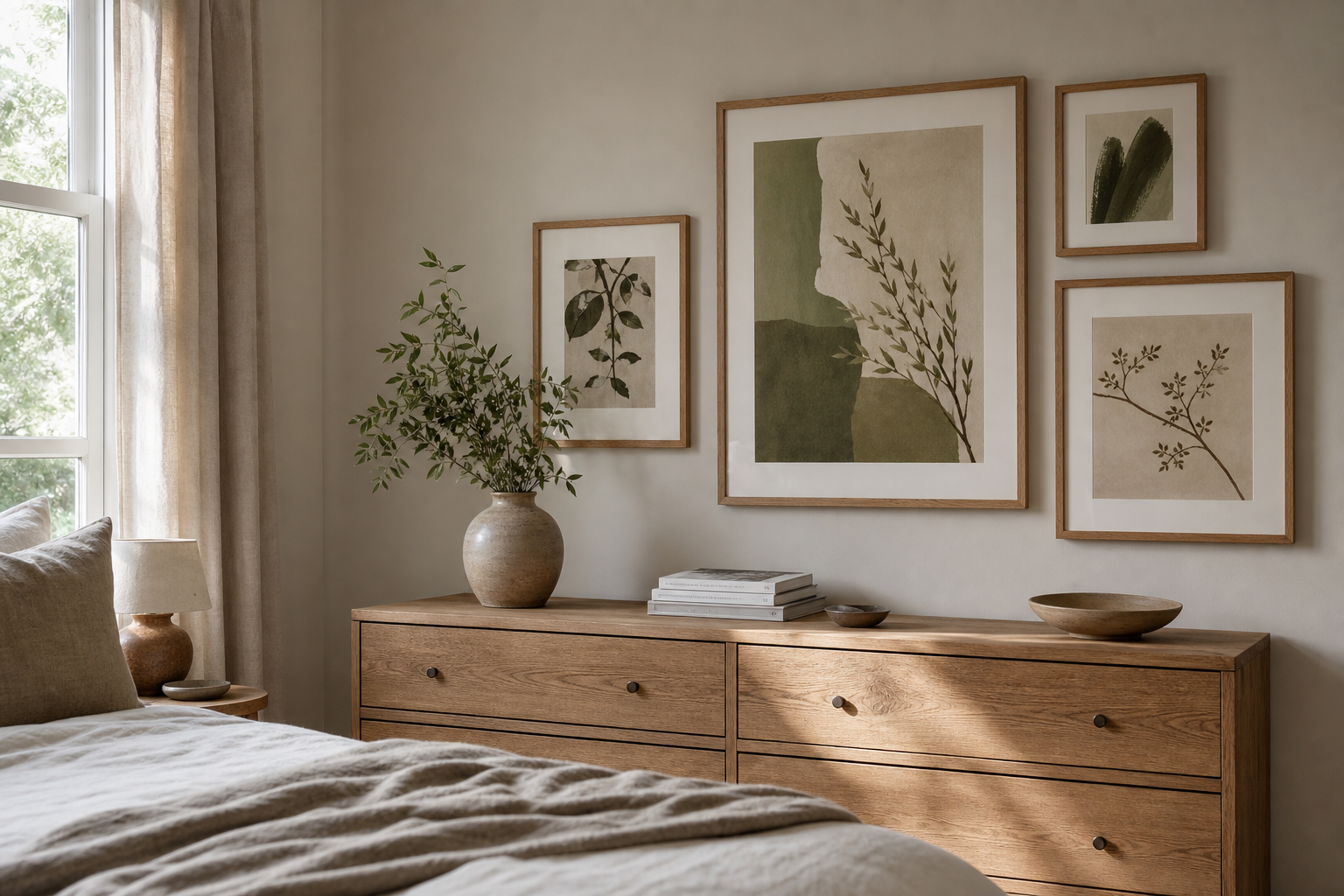 Bedroom gallery wall with mixed frame sizes above a dresser