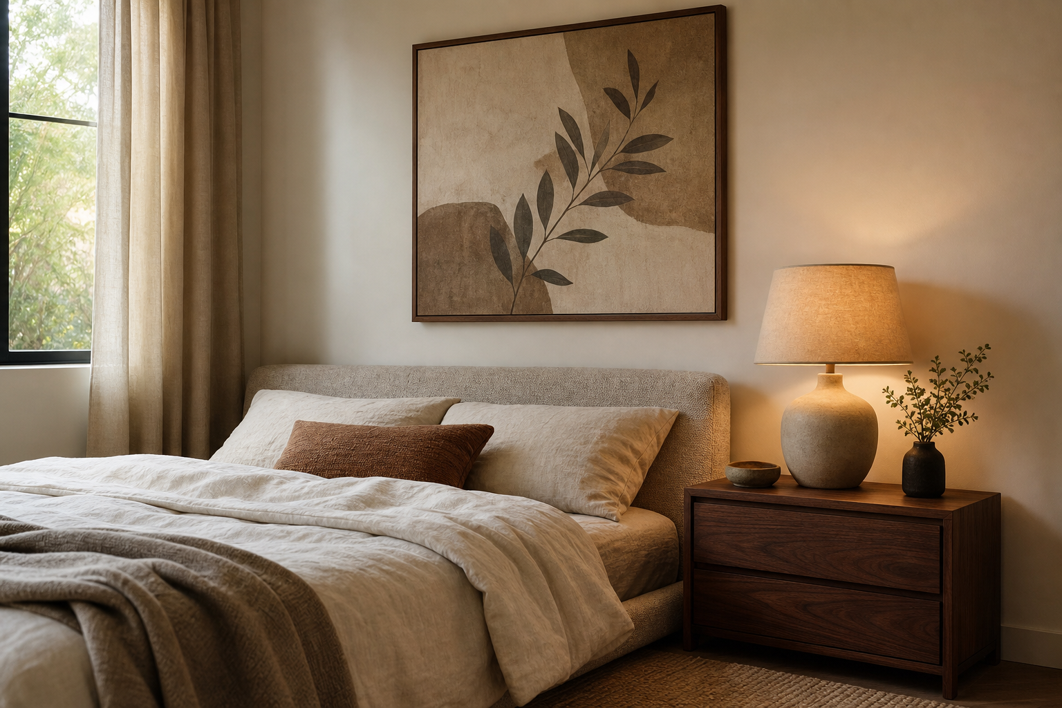 Neutral bedroom corner with subtle textured art and warm lamp light