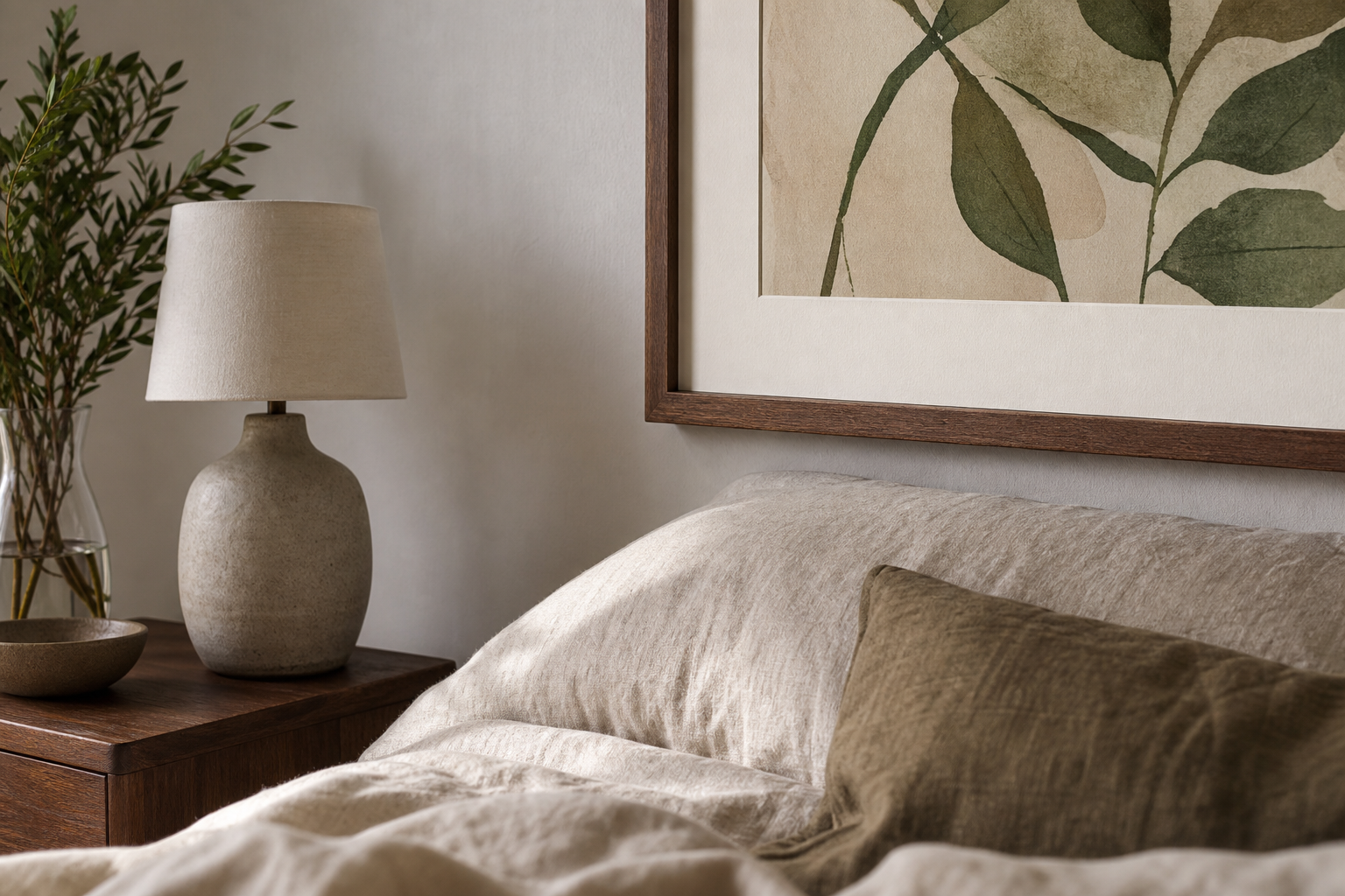 Close-up of bedroom frame styling with linen bedding and wood nightstand