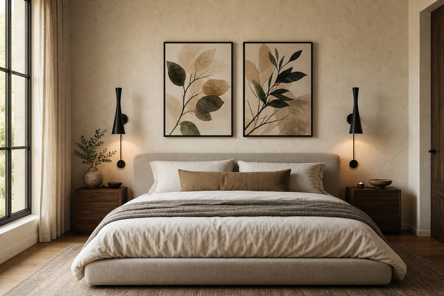 Bedroom wall arrangement above bed with two balanced framed prints