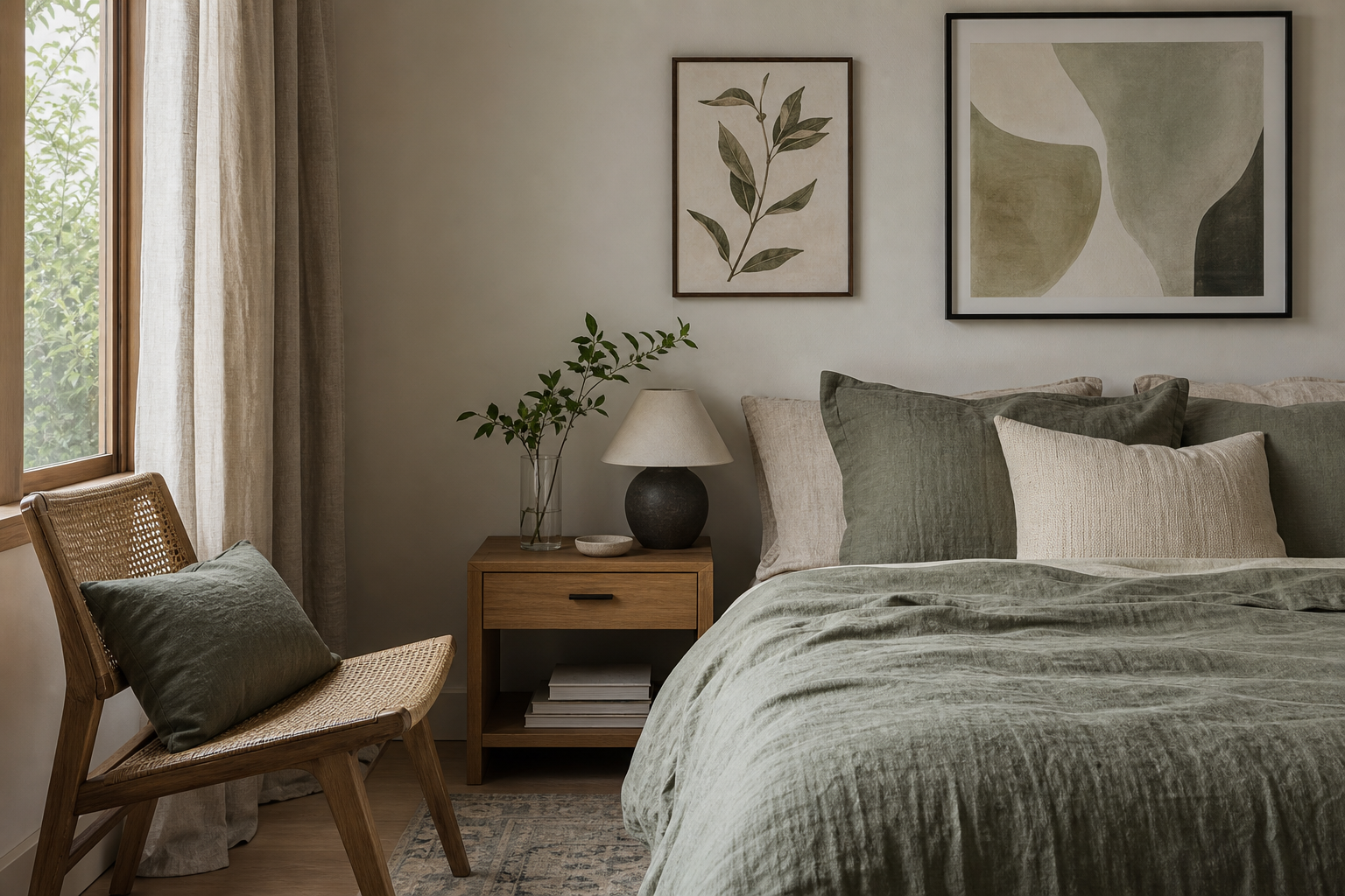Bedroom corner with botanical and abstract framed wall art