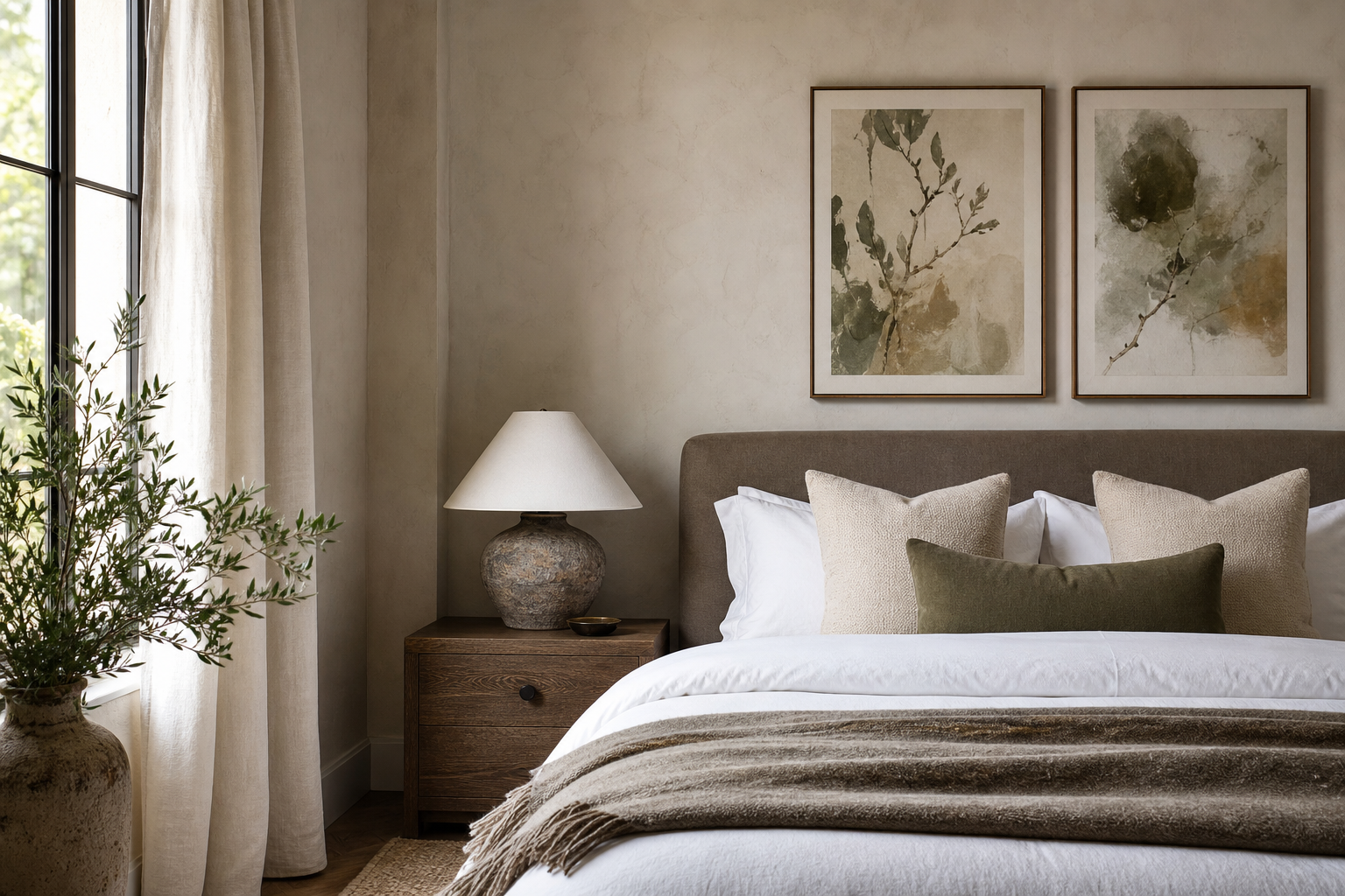 Layered bedroom with restrained art arrangement and soft textiles