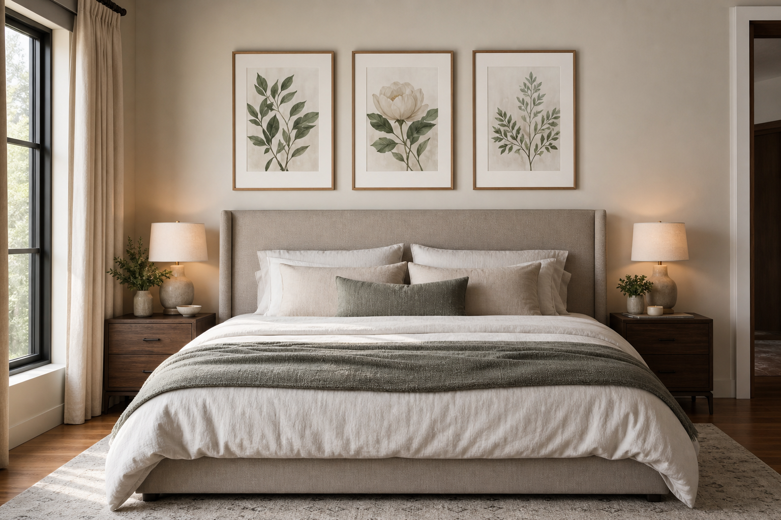 Bedroom with balanced wall art arrangement above a king-size bed