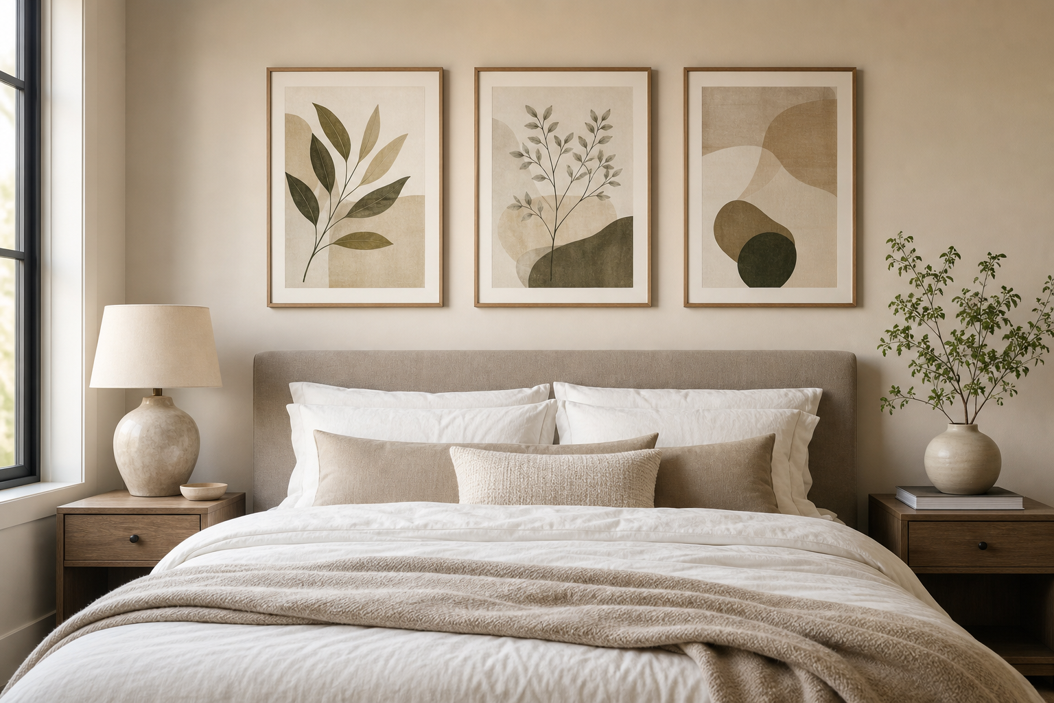 Bedroom wall art arranged above an upholstered headboard