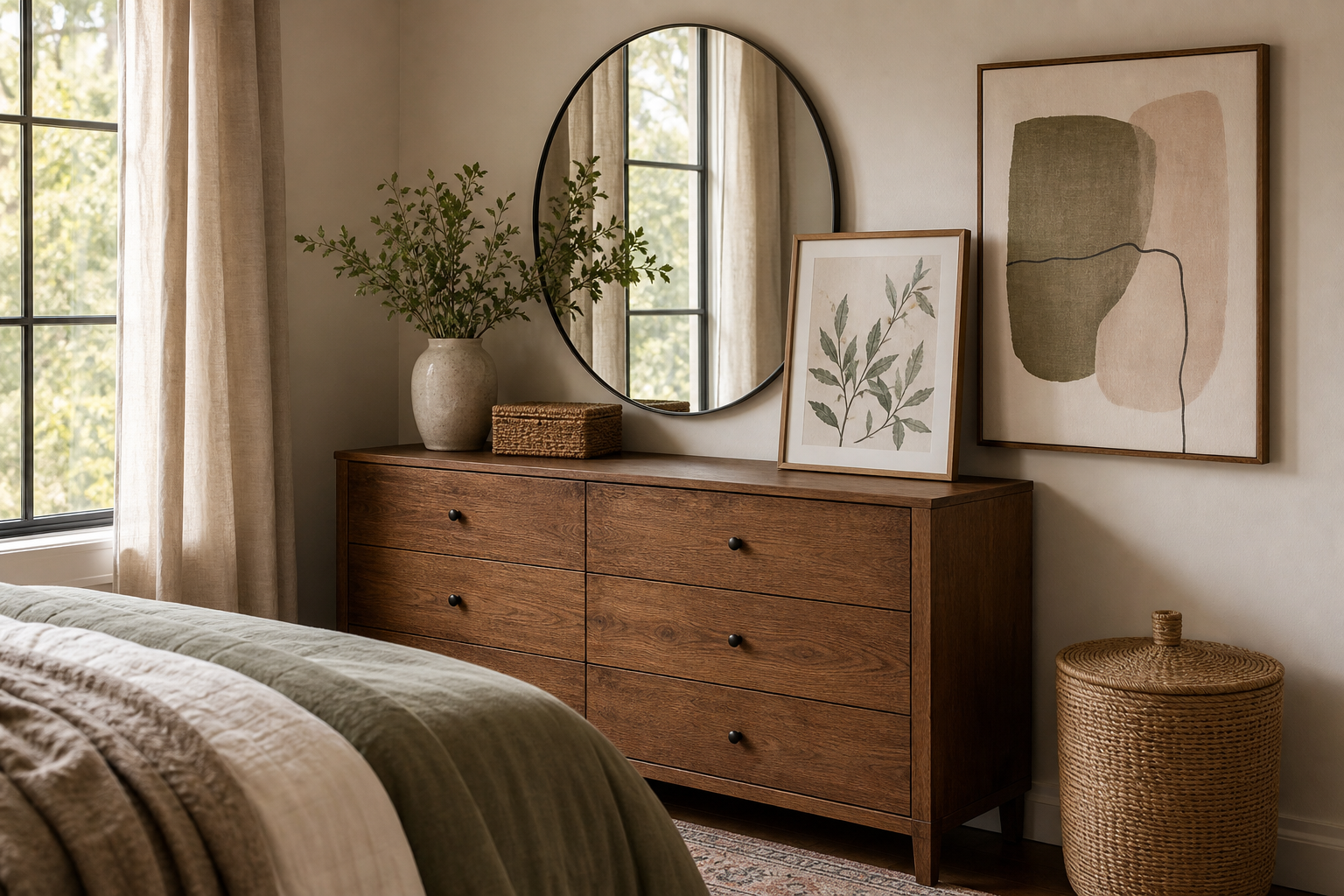 Finished bedroom corner with layered framed art and soft decor