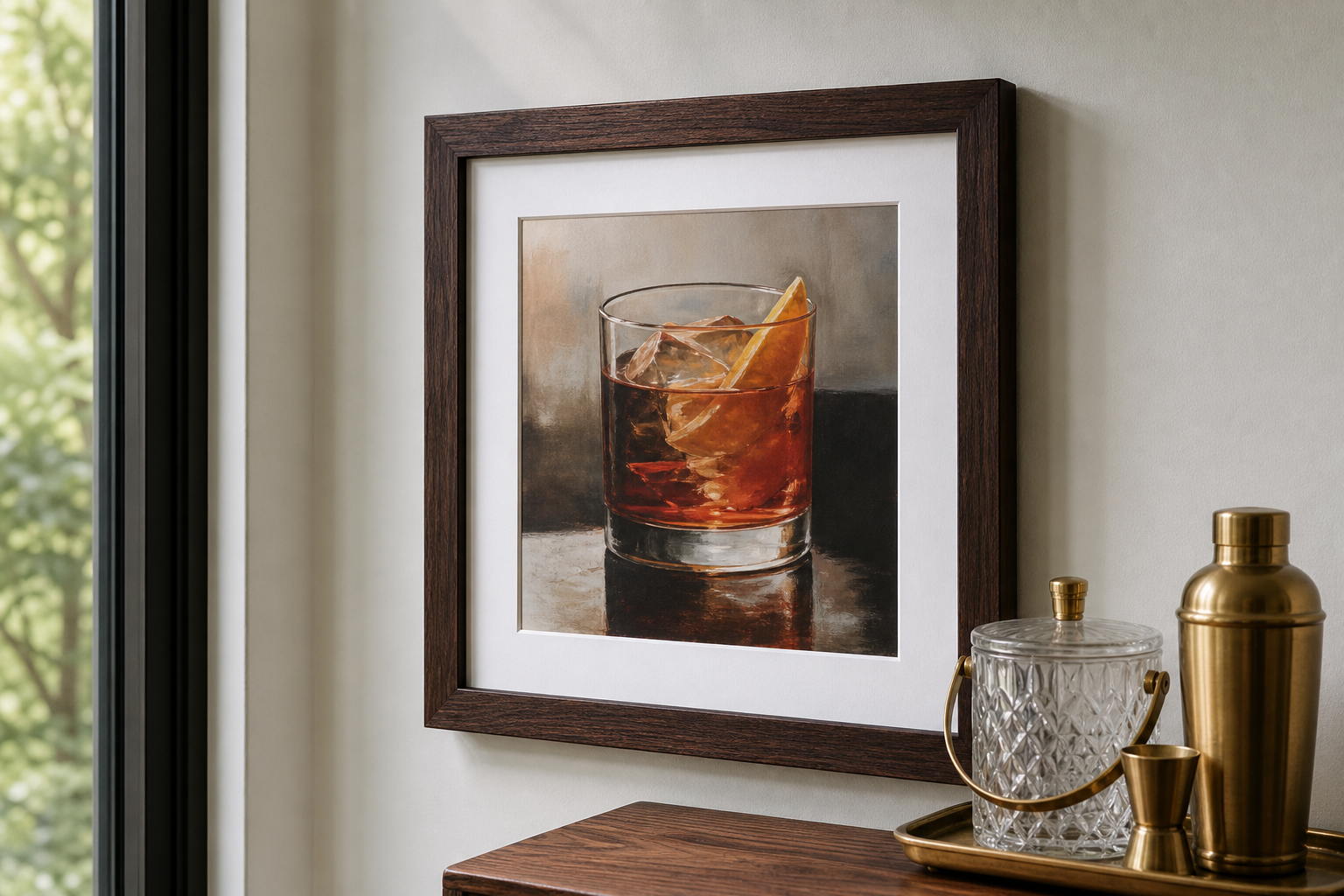 Close-up of dark wood frame and drink-themed wall art in warm interior light