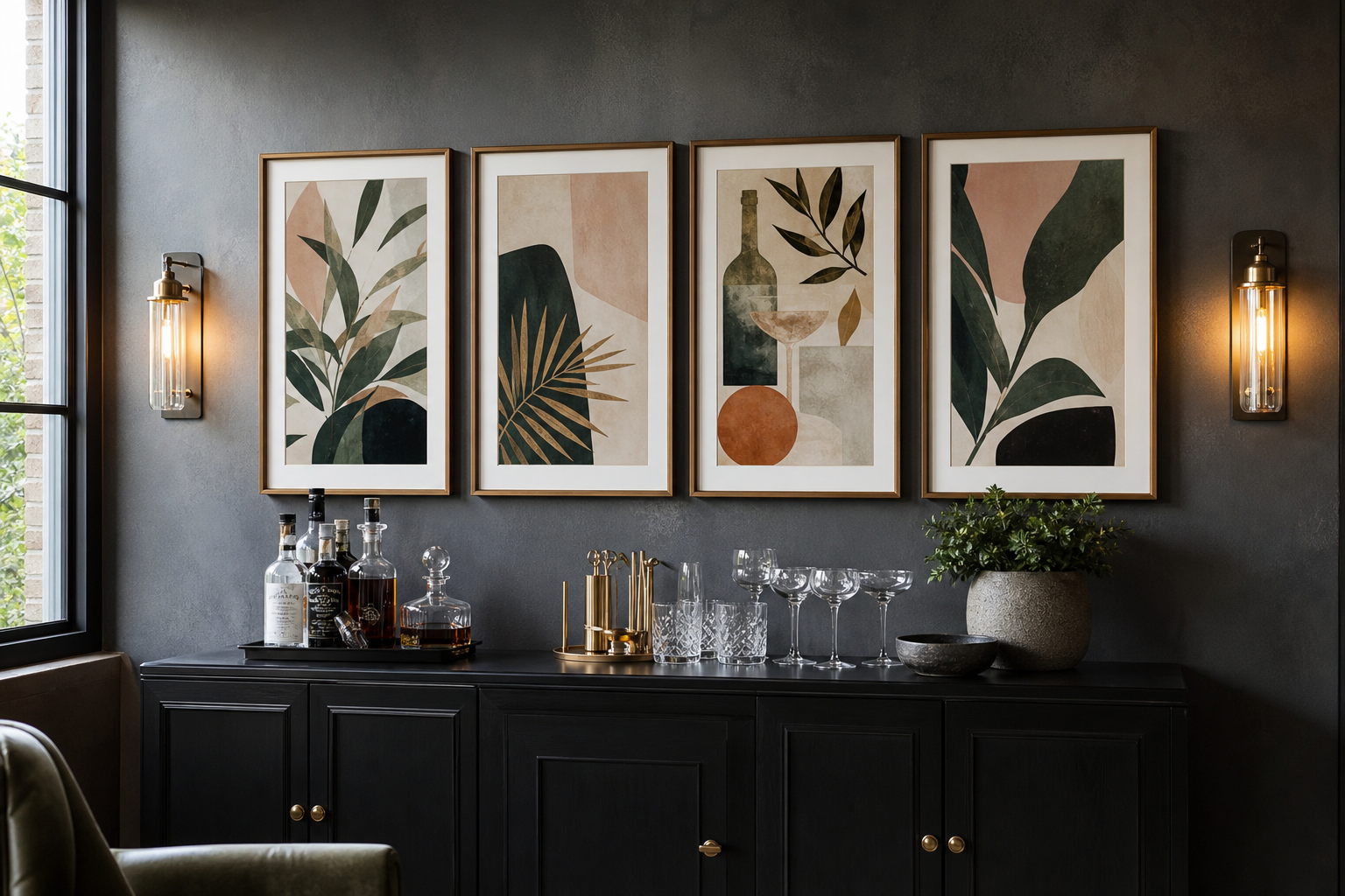 Eclectic home bar gallery wall with drink art, typography, and balanced frame spacing