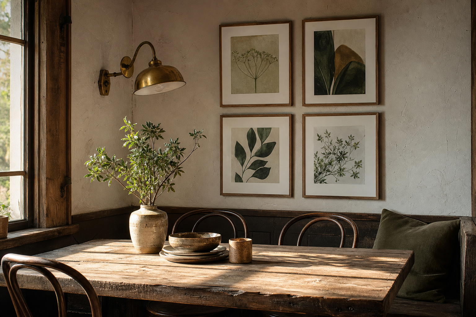 Rustic dining nook with framed vintage-style drink art and warm pub atmosphere