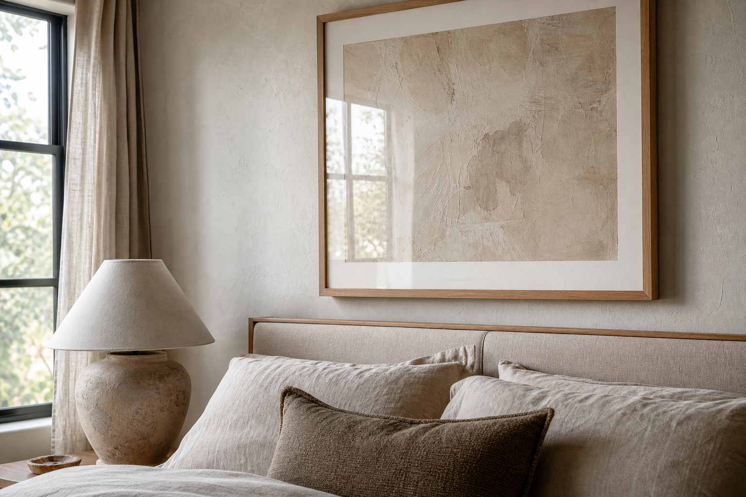 Close-up of oak frame and textured beige print in bedroom