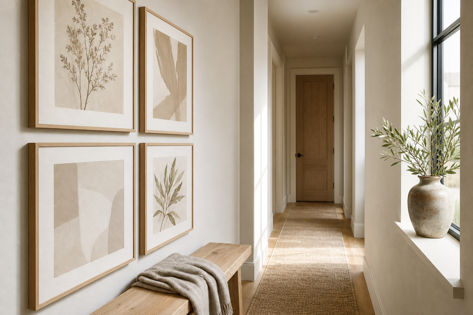 Neutral hallway gallery wall with layered beige artworks