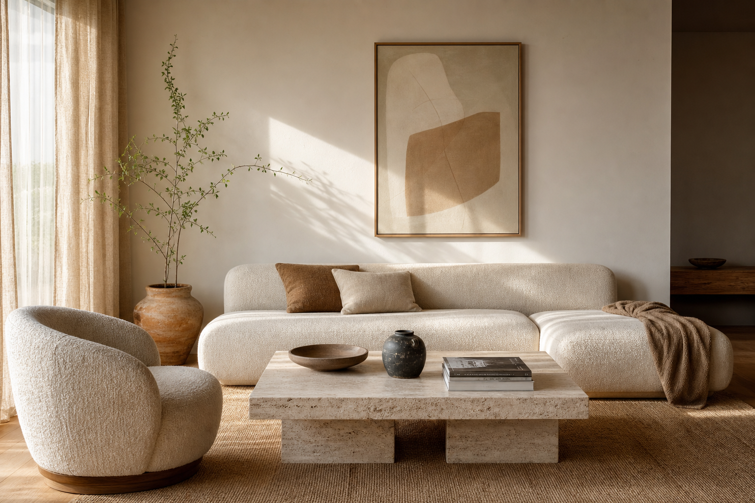 Neutral living room with single beige artwork above sofa