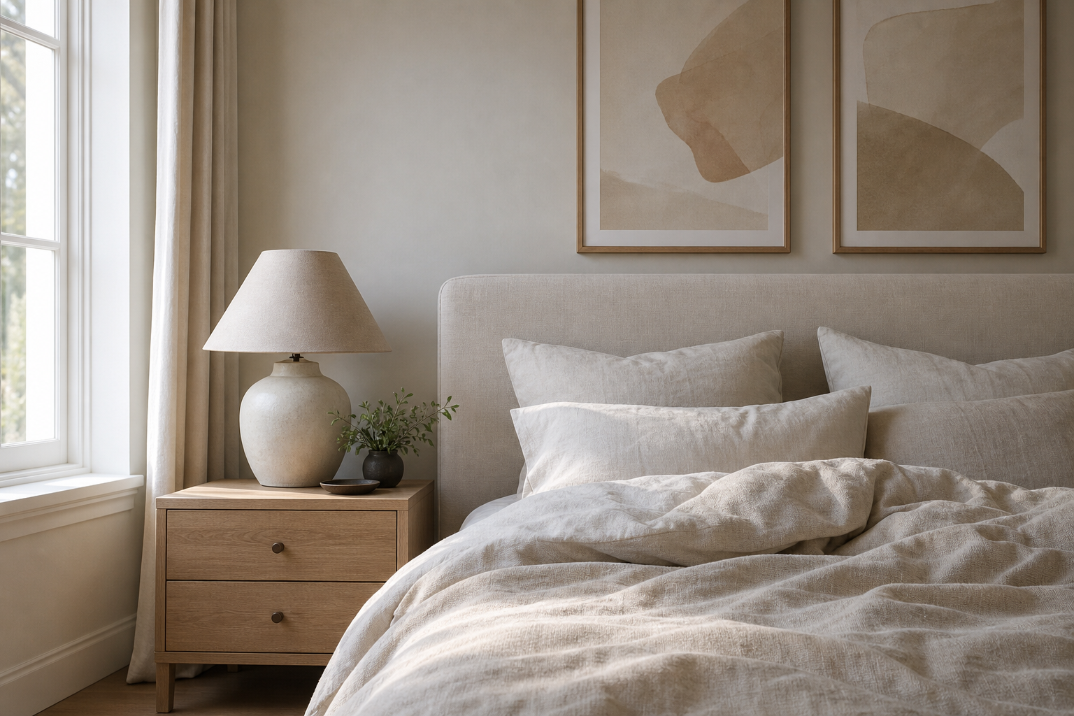 Soft beige bedroom with neutral framed art above the bed